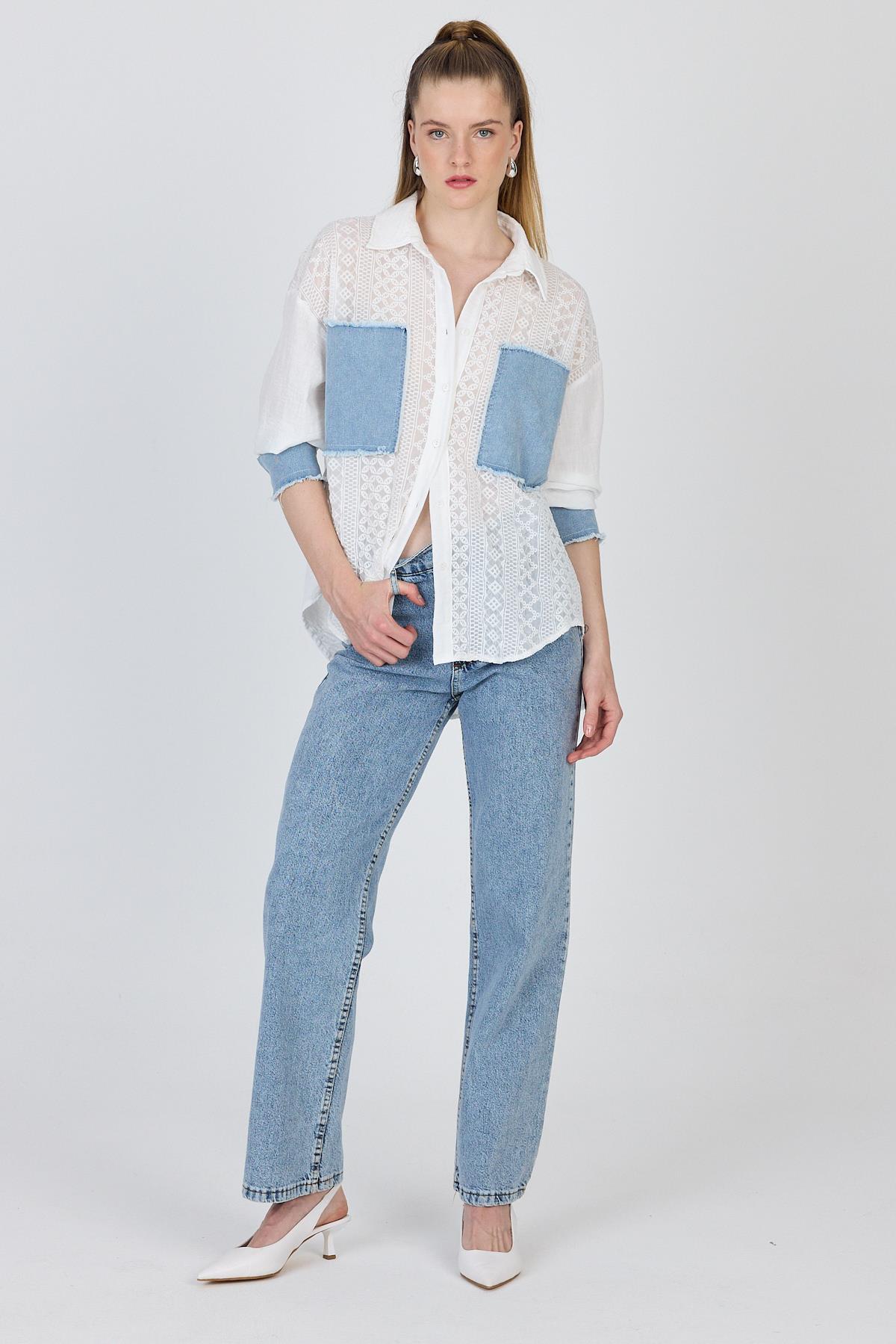 Beyaz Kot Garnilli Dantelli Gömlek 1413 - 7