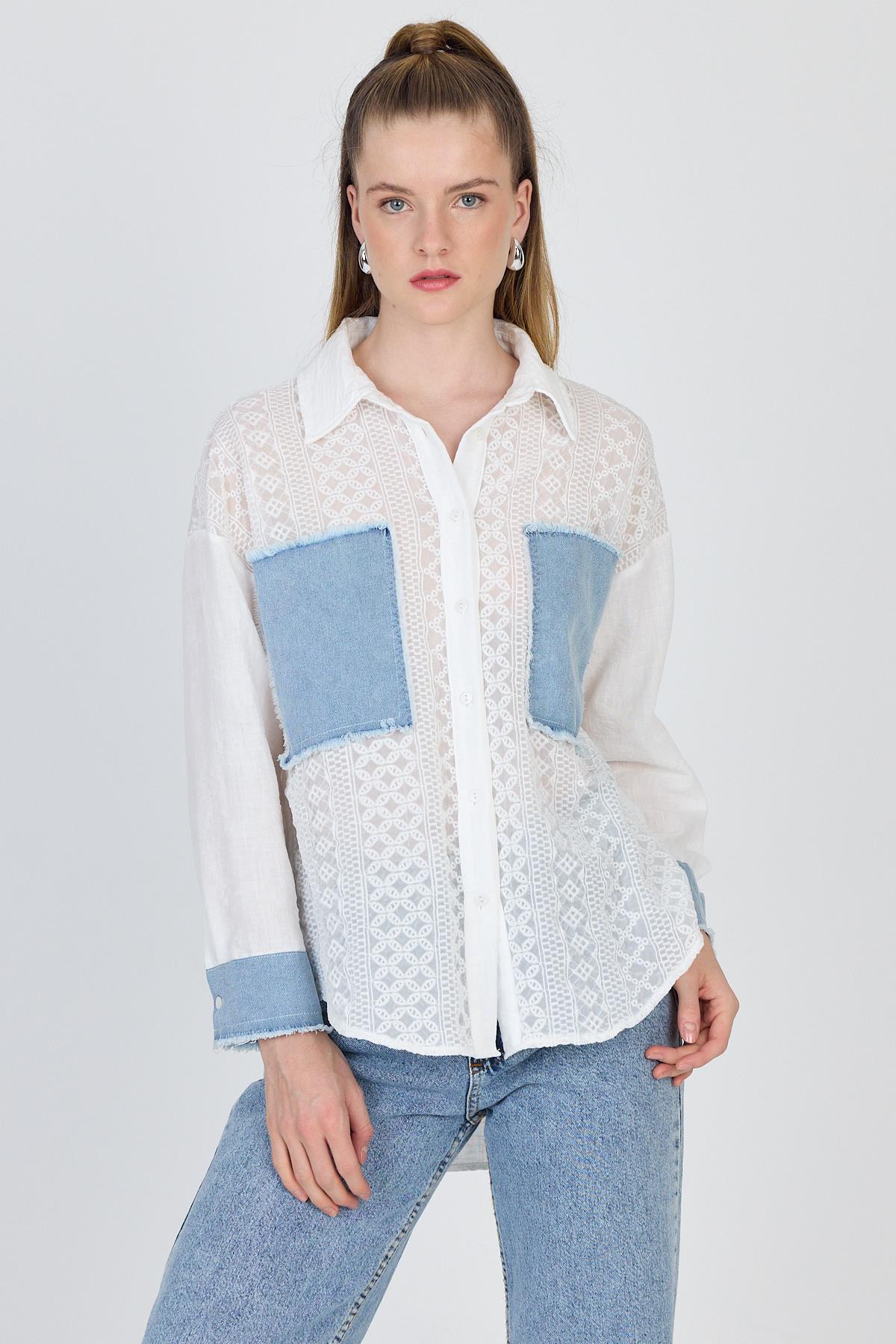 Beyaz Kot Garnilli Dantelli Gömlek 1413 - 2