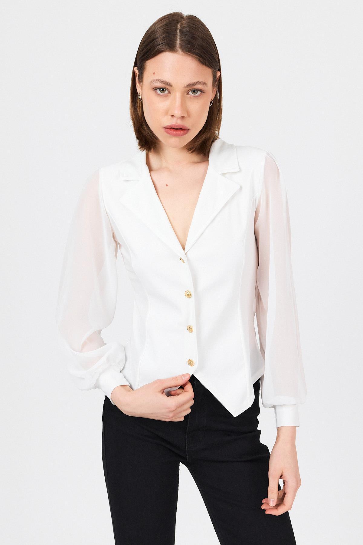 Beyaz Kruvaze Yaka Düğmeli Pensli Gömlek 9476 - RAYS