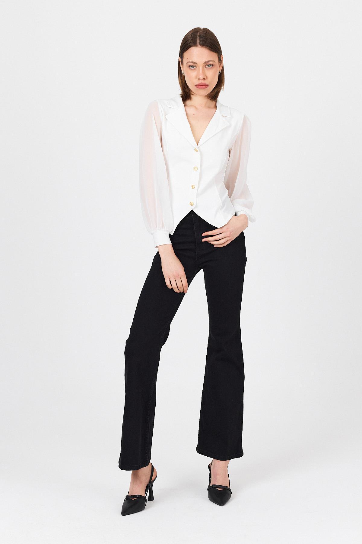 Beyaz Kruvaze Yaka Düğmeli Pensli Gömlek 9476 - RAYS