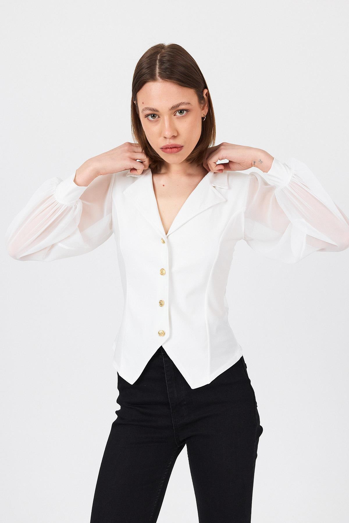 Beyaz Kruvaze Yaka Düğmeli Pensli Gömlek 9476 - 2