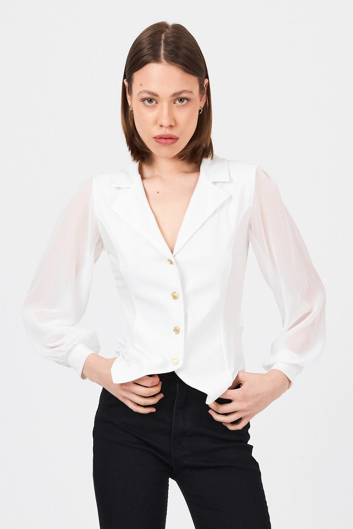 Beyaz Kruvaze Yaka Düğmeli Pensli Gömlek 9476 - 4