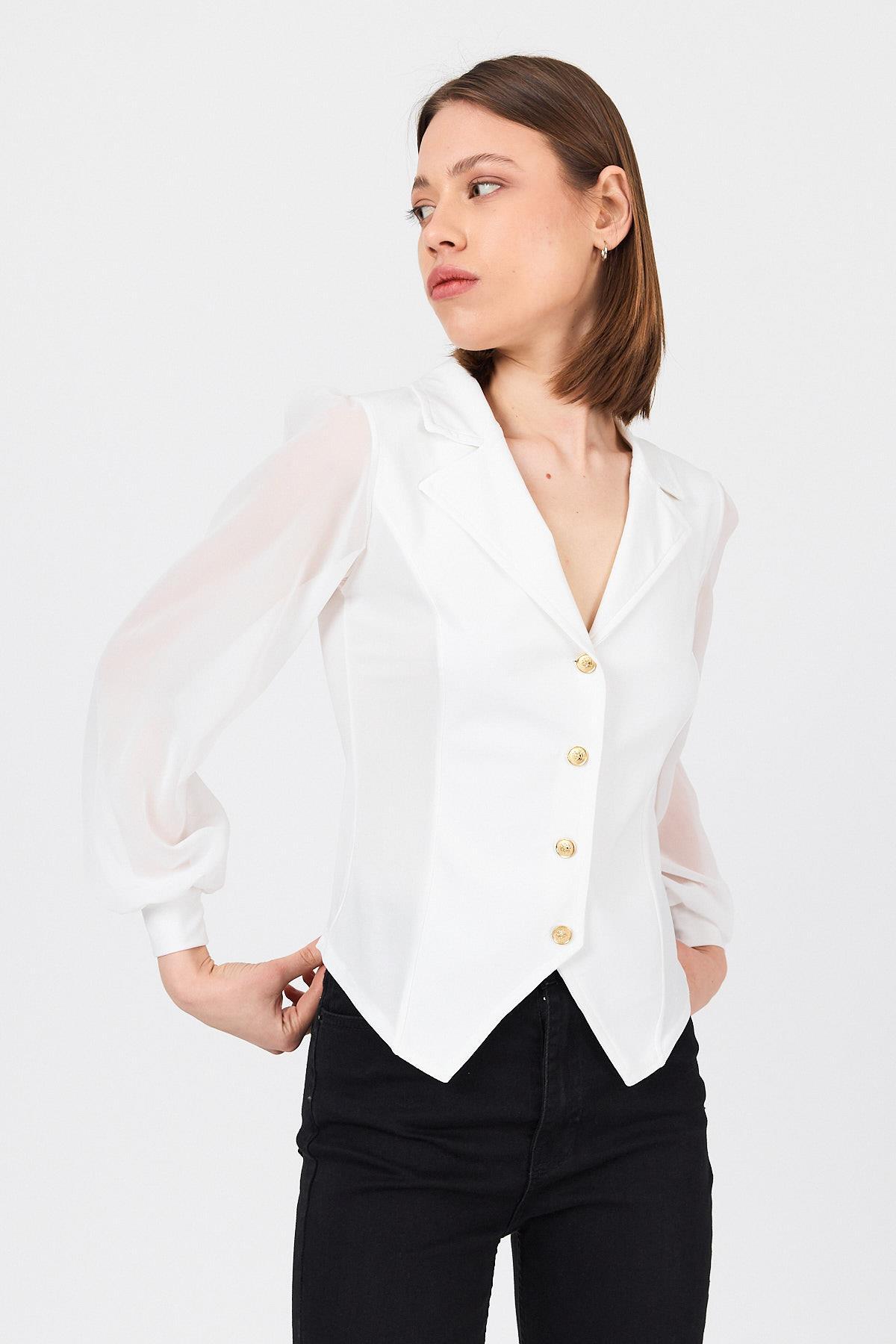 Beyaz Kruvaze Yaka Düğmeli Pensli Gömlek 9476 - 6