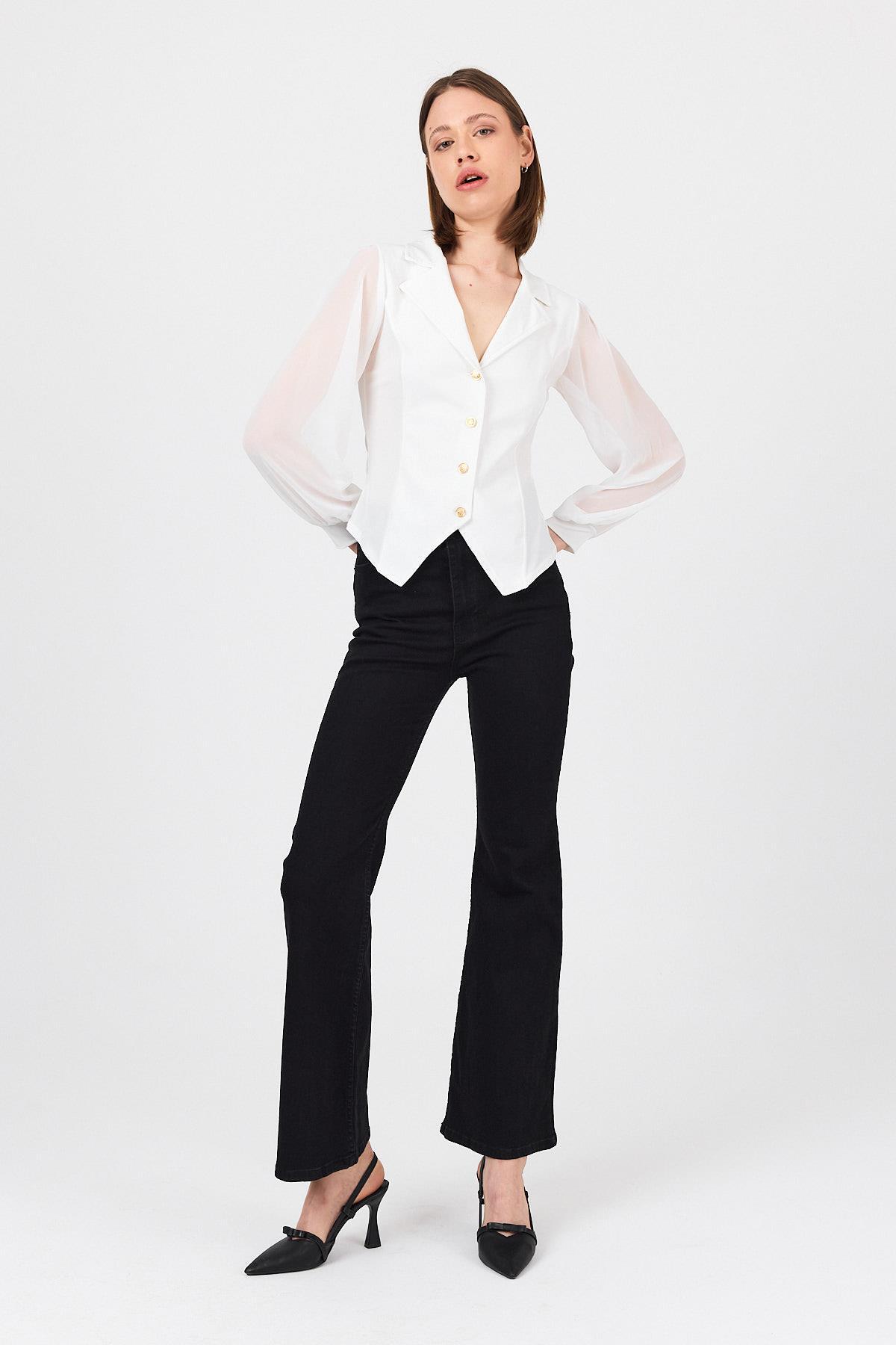 Beyaz Kruvaze Yaka Düğmeli Pensli Gömlek 9476 - 7