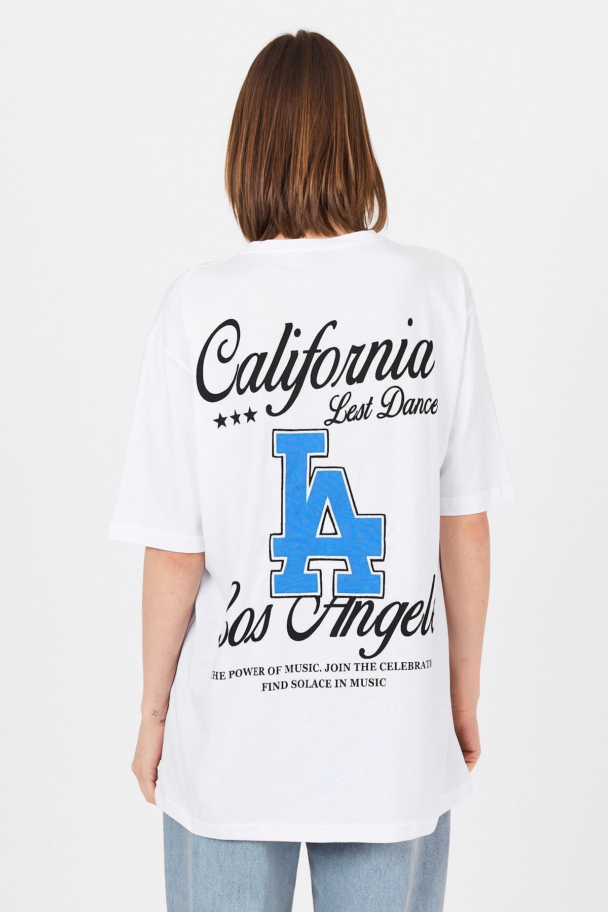 Beyaz LA Baskılı California Yazılı Oversize Tişört 5197 - 5