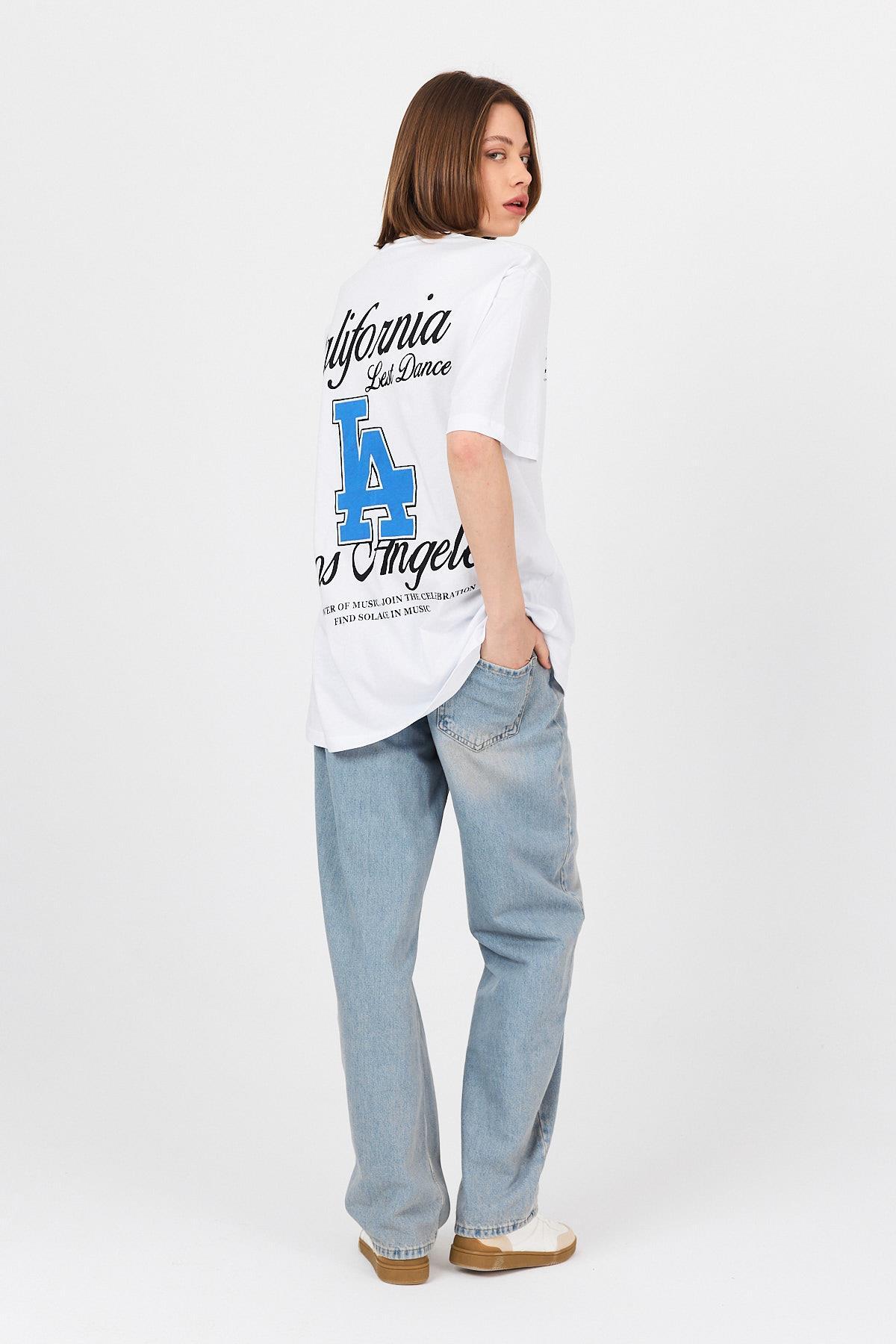 Beyaz LA Baskılı California Yazılı Oversize Tişört 5197 - 6