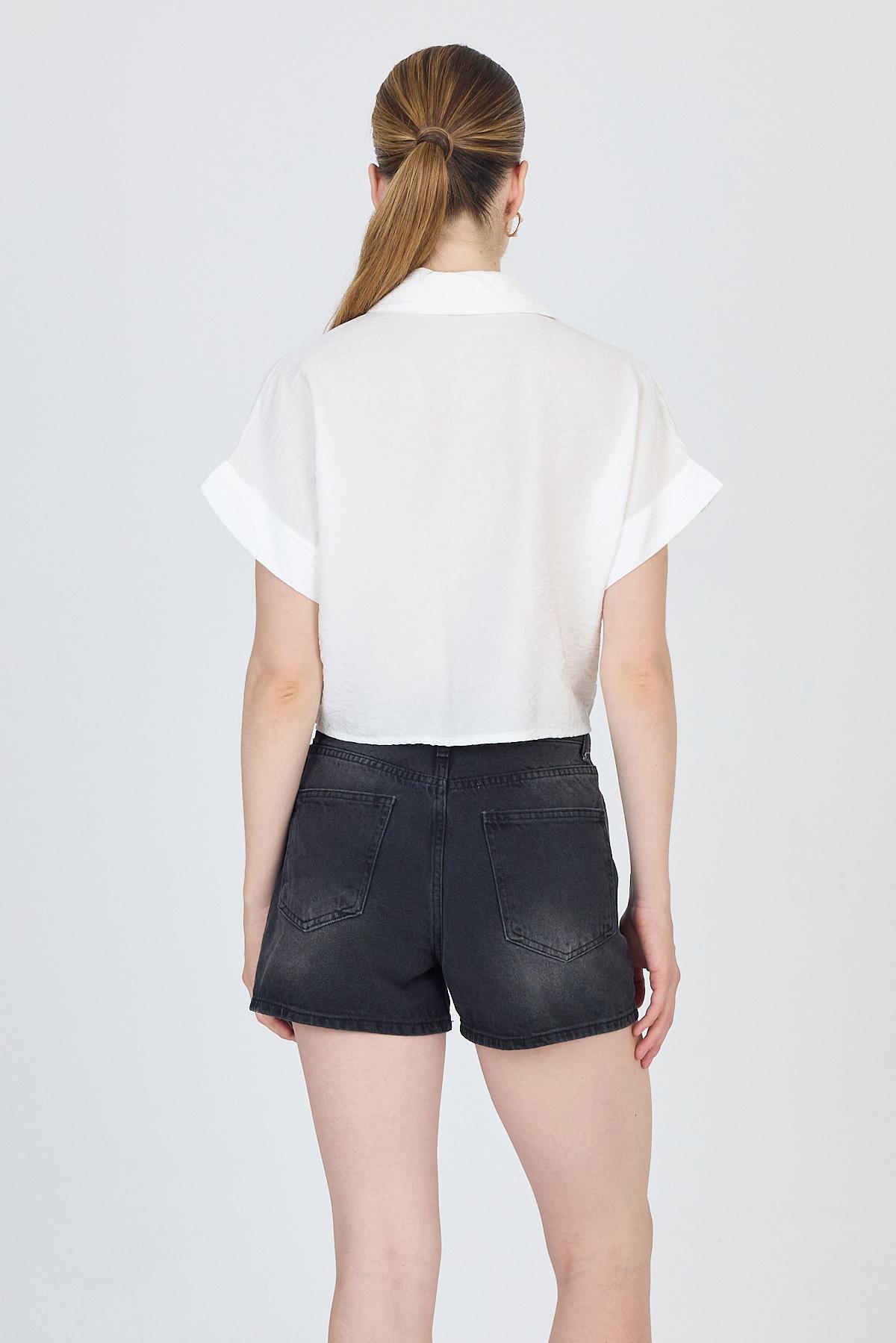 Beyaz Nakışlı Zebra Desenli Bağlamalı Crop Gömlek 2257 - 5