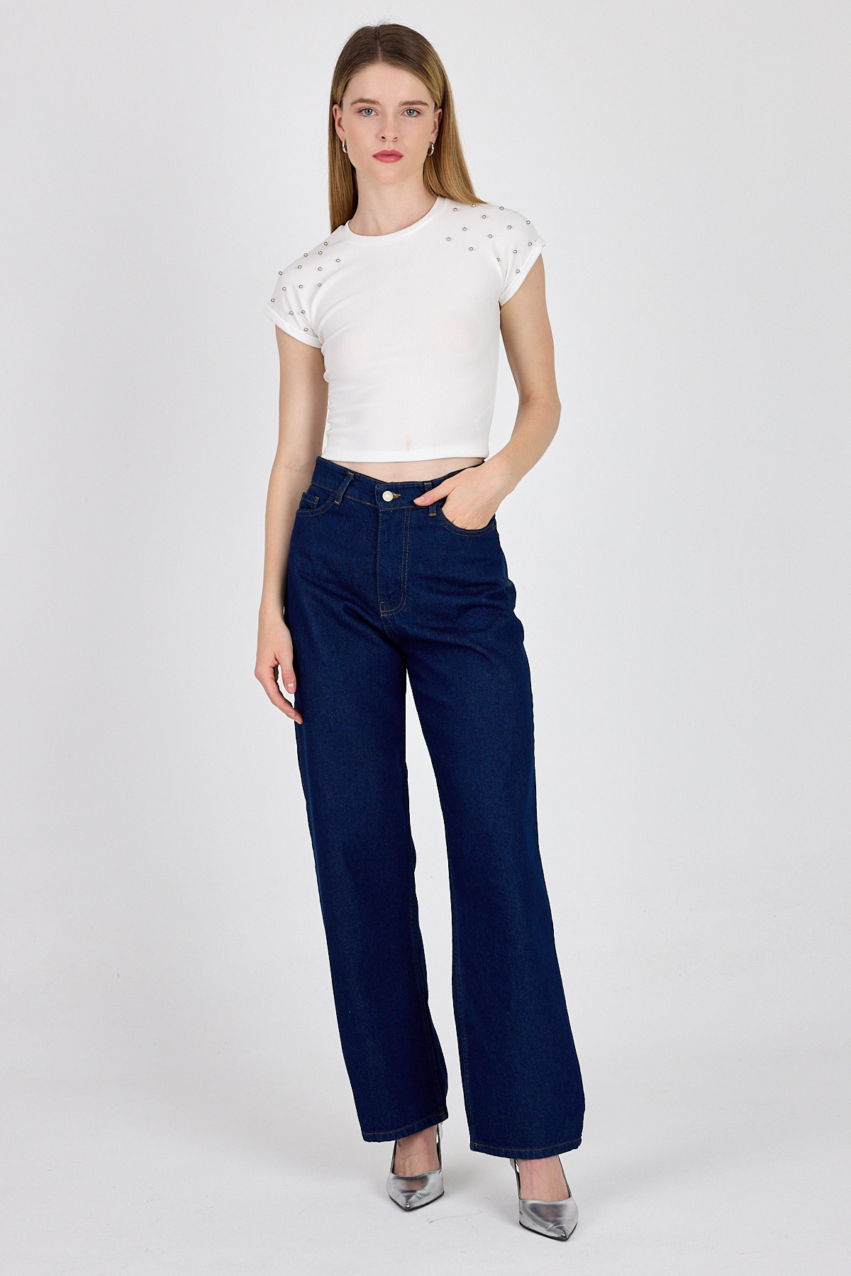 Beyaz Omuz Boncuk Detaylı Slim Fit Crop Tişört 9208M - 7