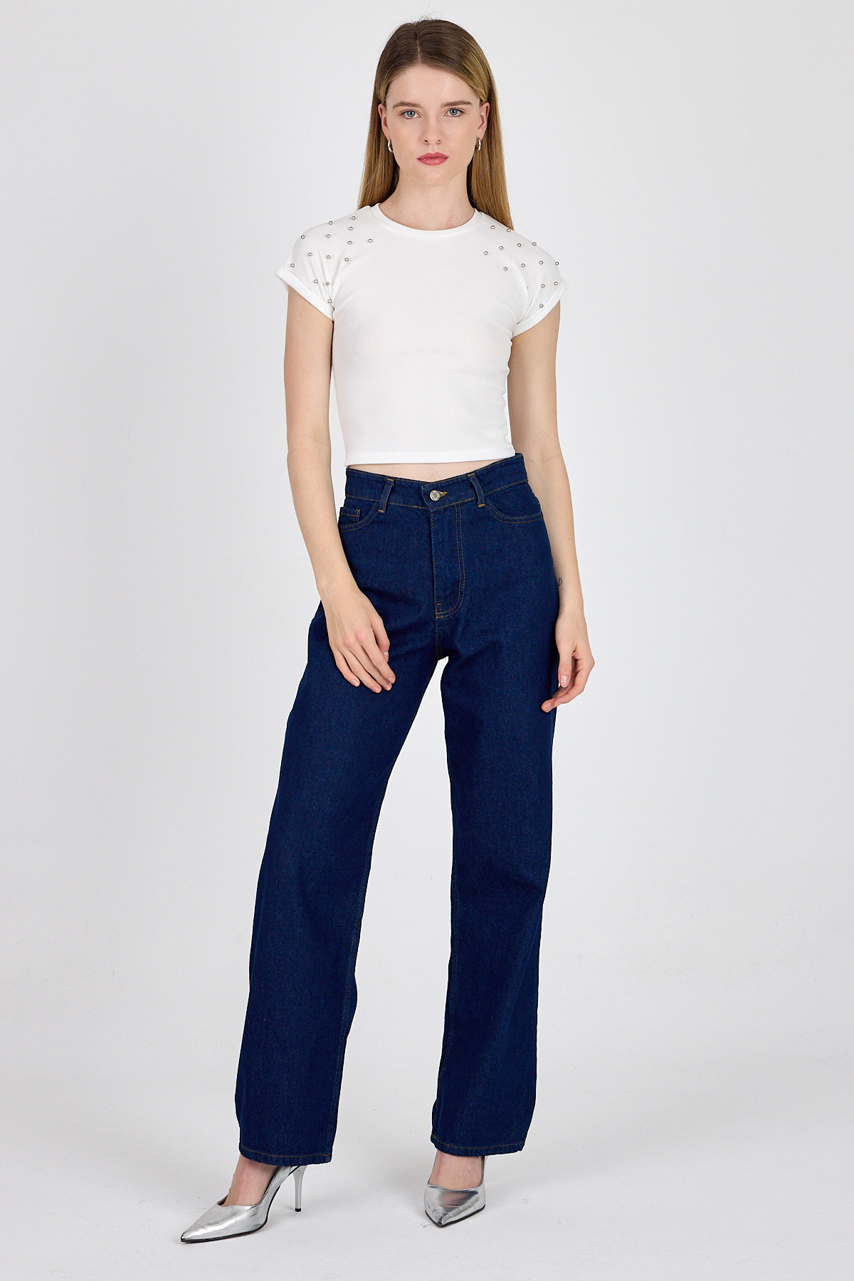 Beyaz Omuz Boncuk Detaylı Slim Fit Crop Tişört 9208M - RAYS