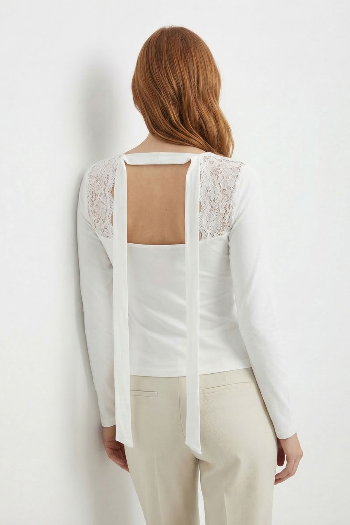 Beyaz Omuz Dantel Uzun Kol Bluz 14371 - 3