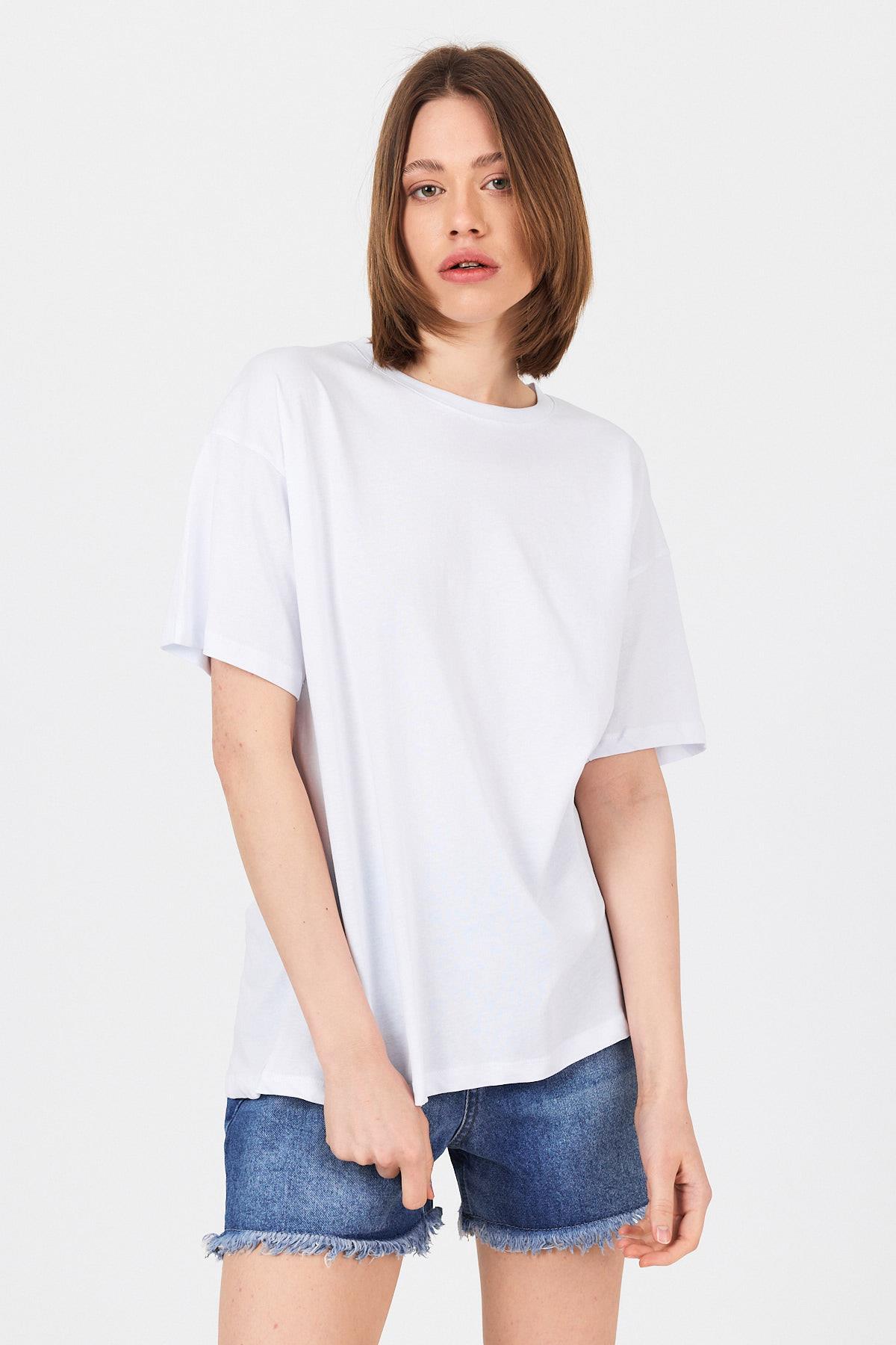 Beyaz Omuz Yazı Baskılı %100 Pamuk Oversize Tişört 2150-30M - 1