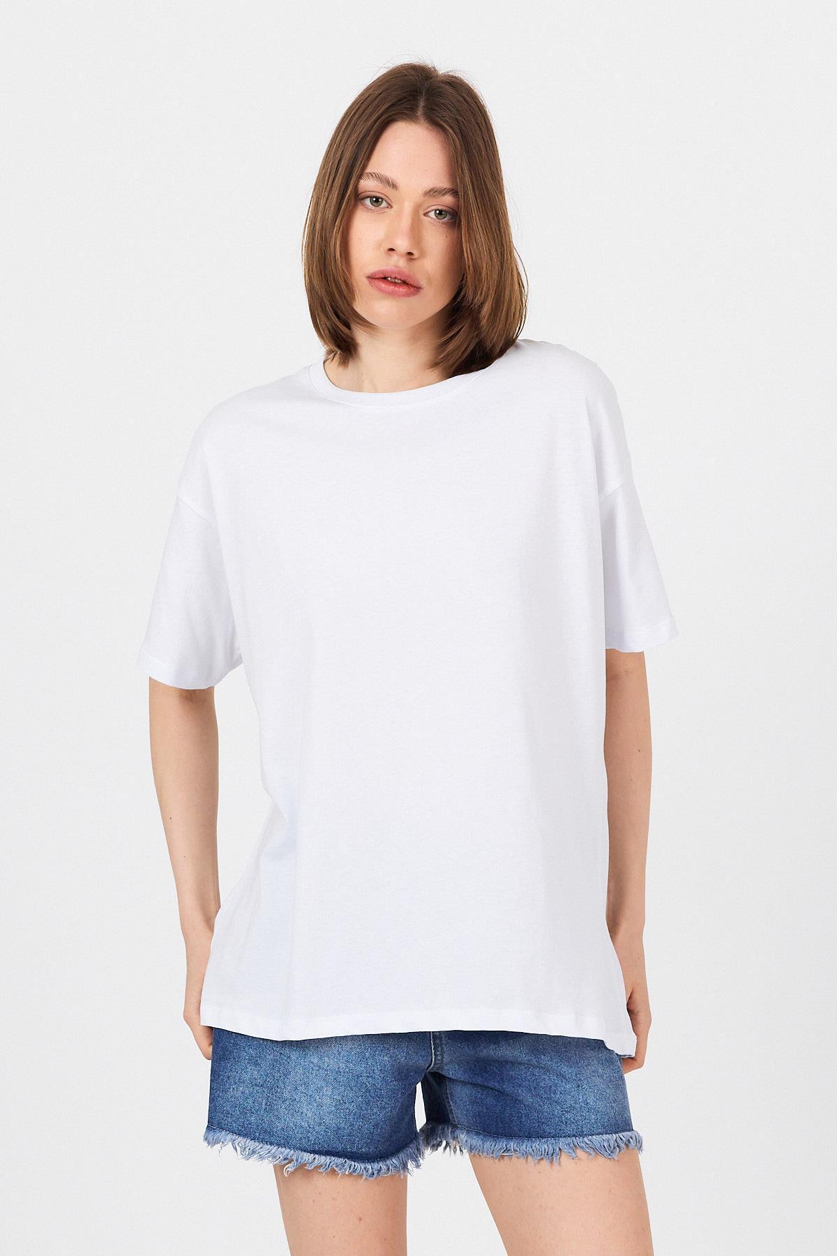 Beyaz Omuz Yazı Baskılı %100 Pamuk Oversize Tişört 2150-30M - 2