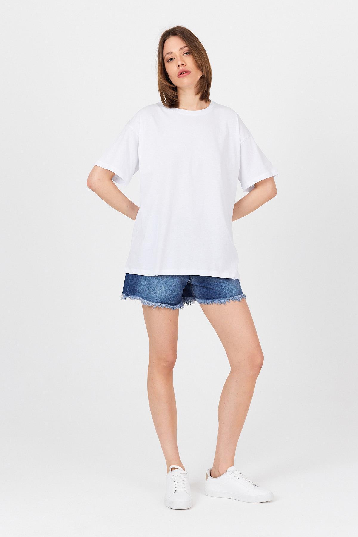 Beyaz Omuz Yazı Baskılı %100 Pamuk Oversize Tişört 2150-30M - 3