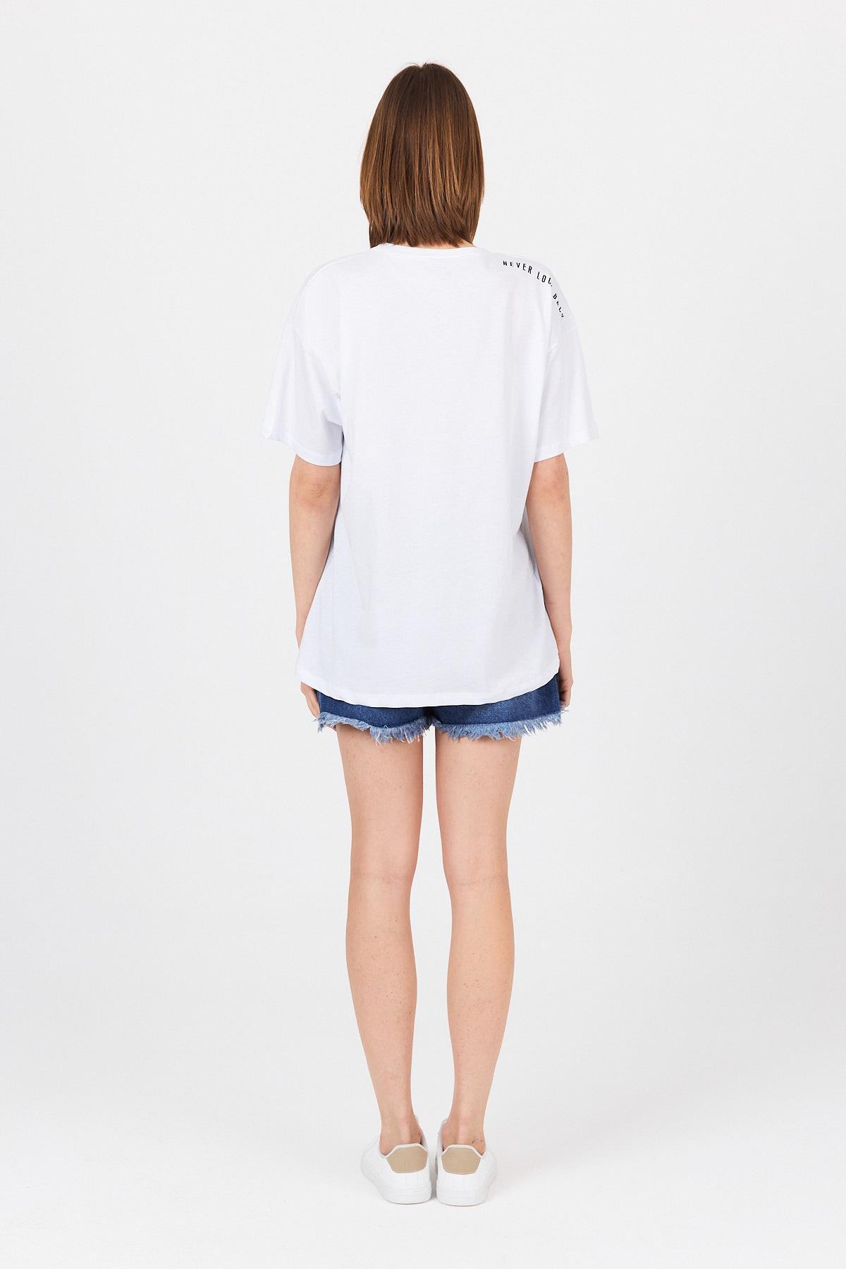 Beyaz Omuz Yazı Baskılı %100 Pamuk Oversize Tişört 2150-30M - 5