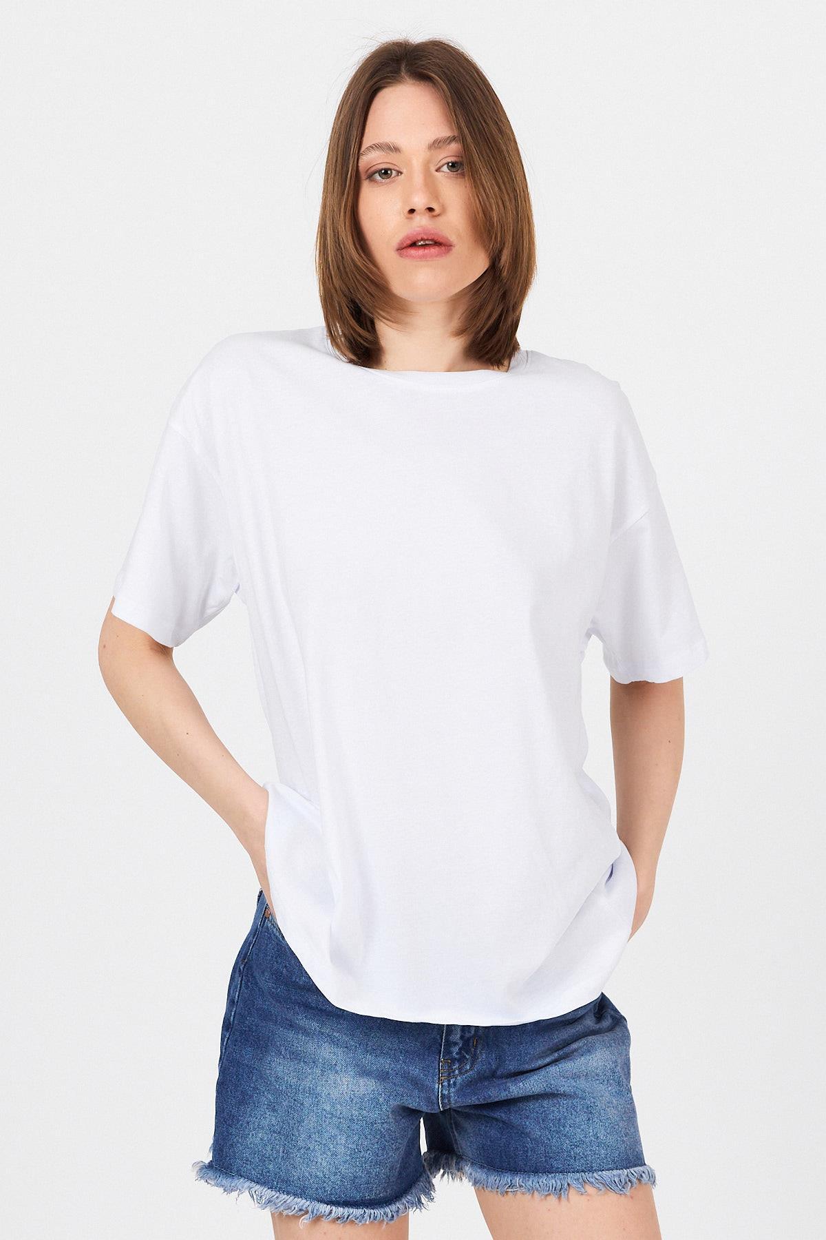 Beyaz Omuz Yazı Baskılı %100 Pamuk Oversize Tişört 2150-30M - 7