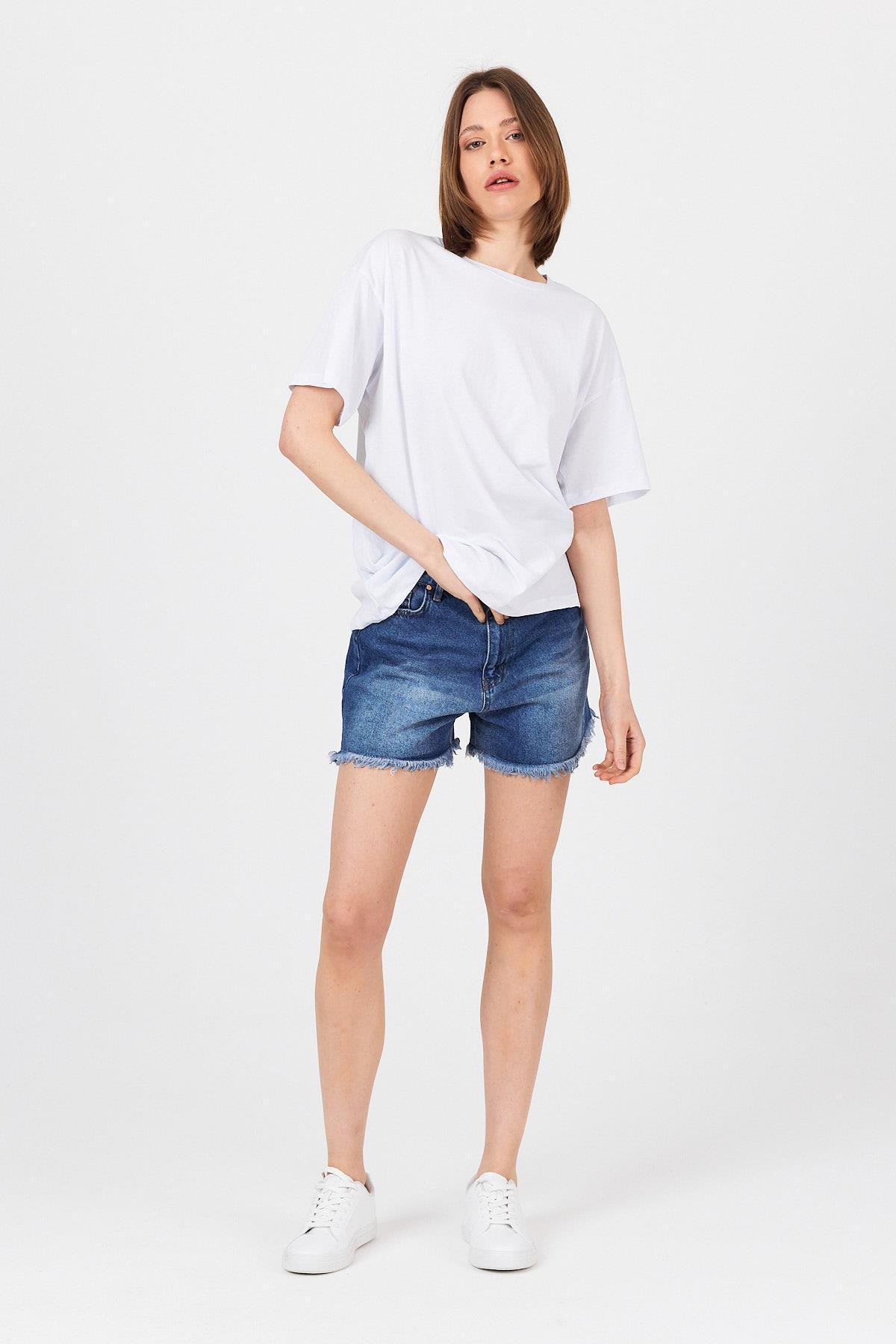 Beyaz Omuz Yazı Baskılı %100 Pamuk Oversize Tişört 2150-30M - 8