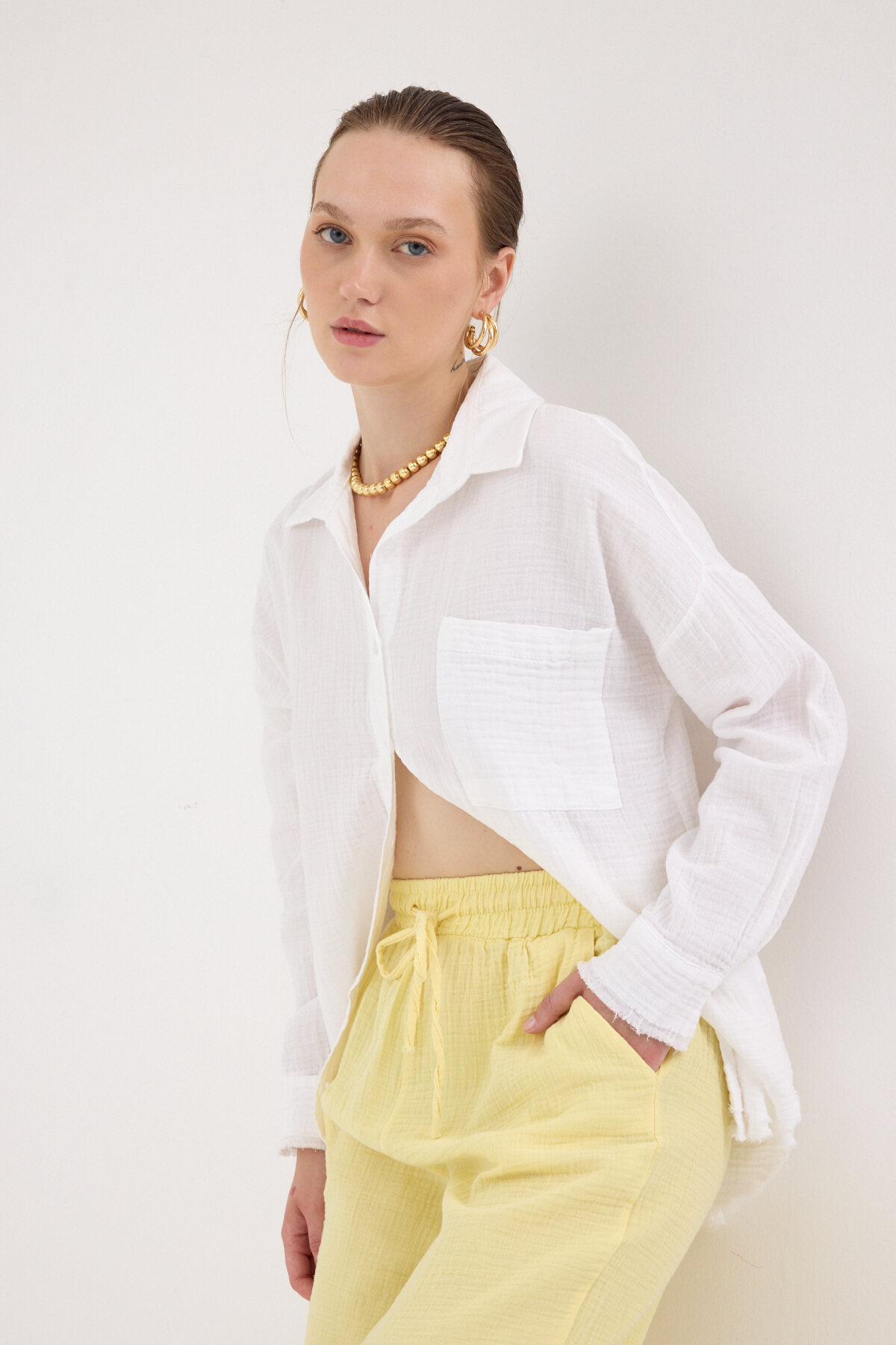 Beyaz Oversize %100 Pamuk Müslin Gömlek 4786A - 6