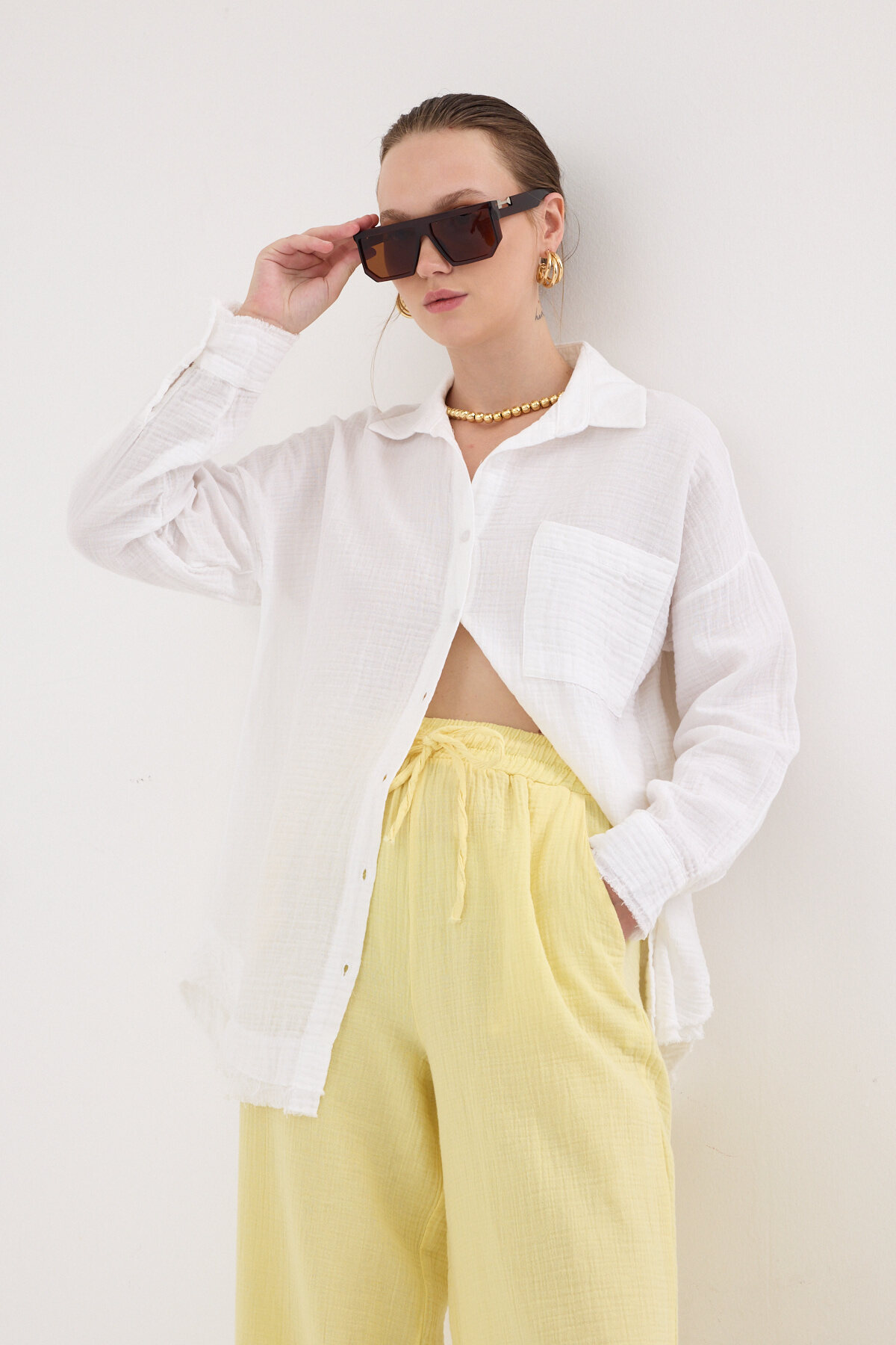 Beyaz Oversize %100 Pamuk Müslin Gömlek 4786A 