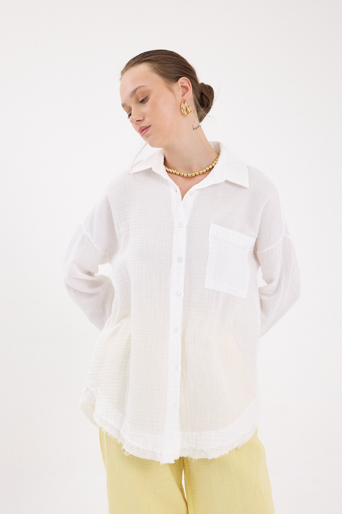 Beyaz Oversize %100 Pamuk Müslin Gömlek 4786A - 2