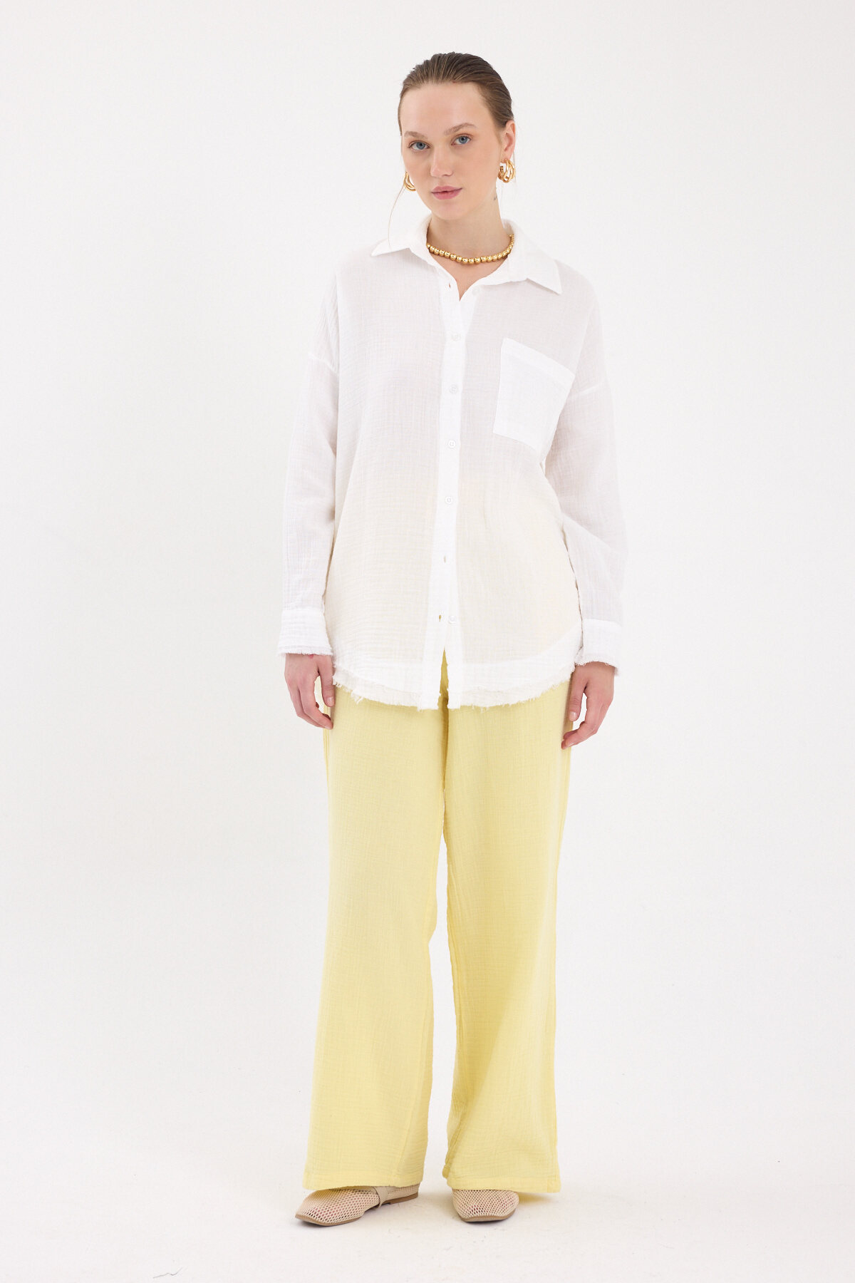 Beyaz Oversize %100 Pamuk Müslin Gömlek 4786A - 3
