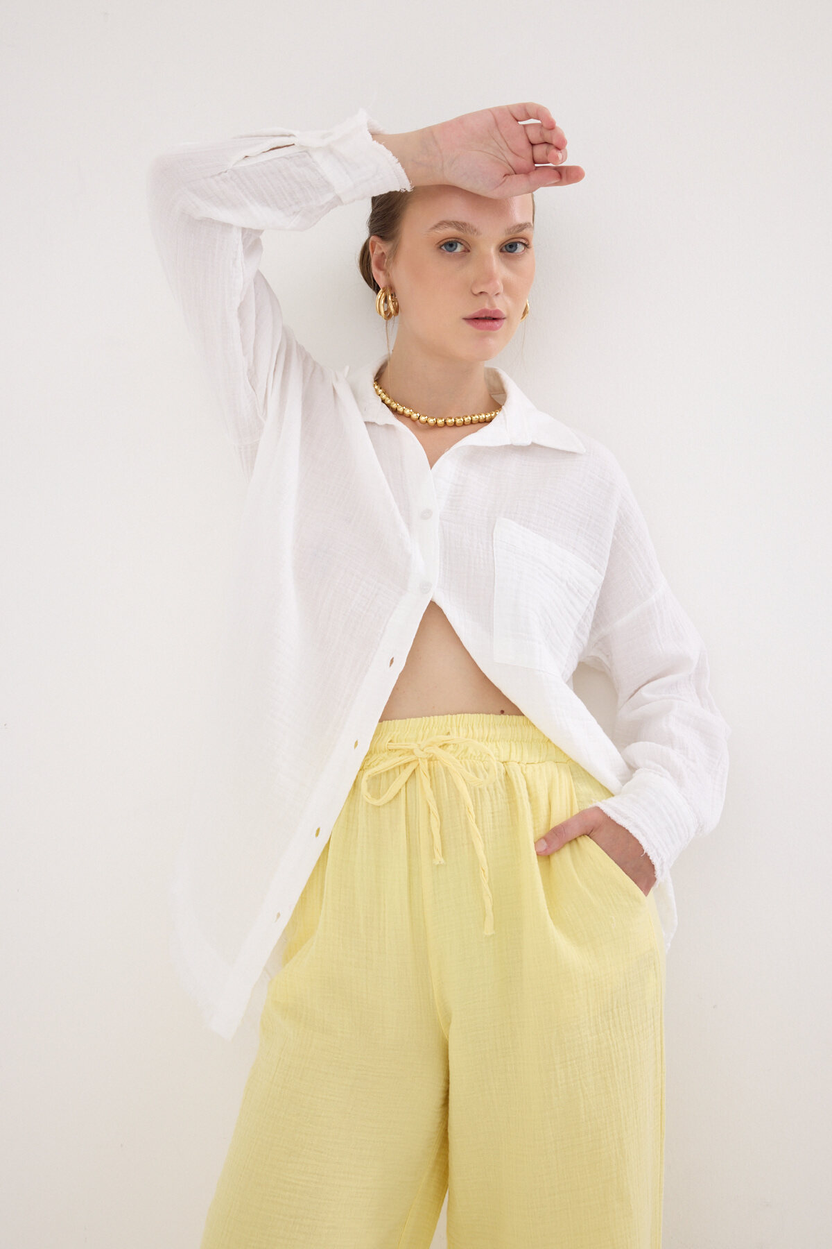 Beyaz Oversize %100 Pamuk Müslin Gömlek 4786A - 7