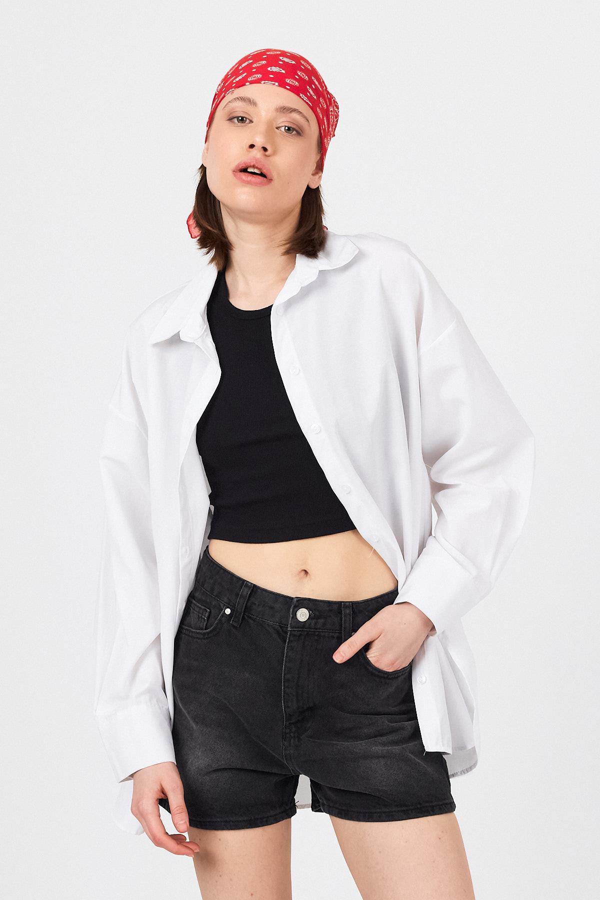 Beyaz Oversize Basic Uzun Gömlek 4664A - 1