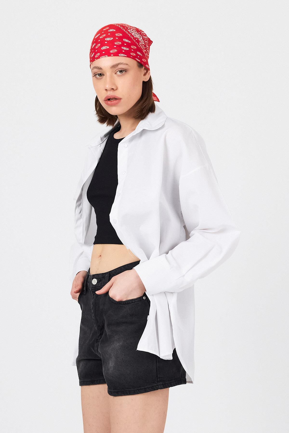 Beyaz Oversize Basic Uzun Gömlek 4664A - 4