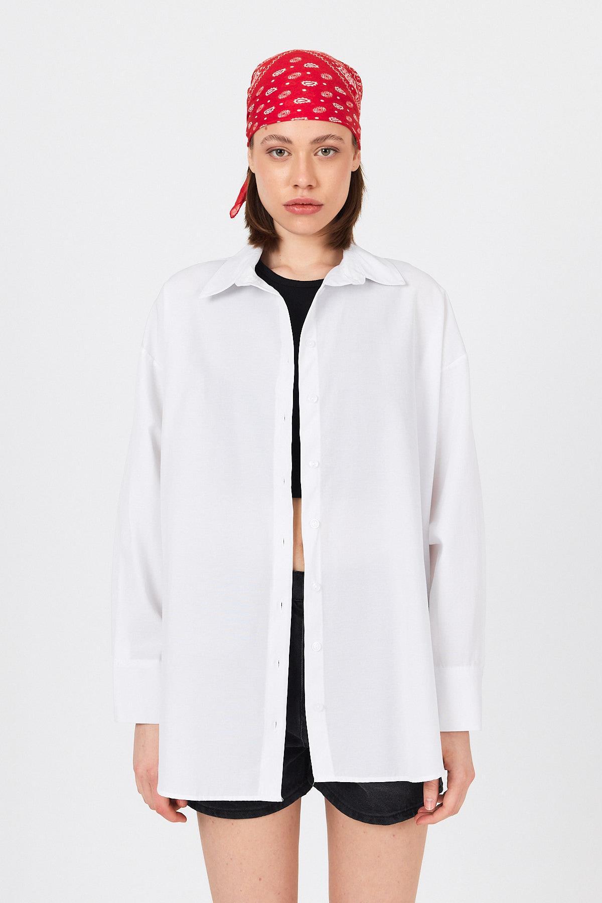 Beyaz Oversize Basic Uzun Gömlek 4664A - 3