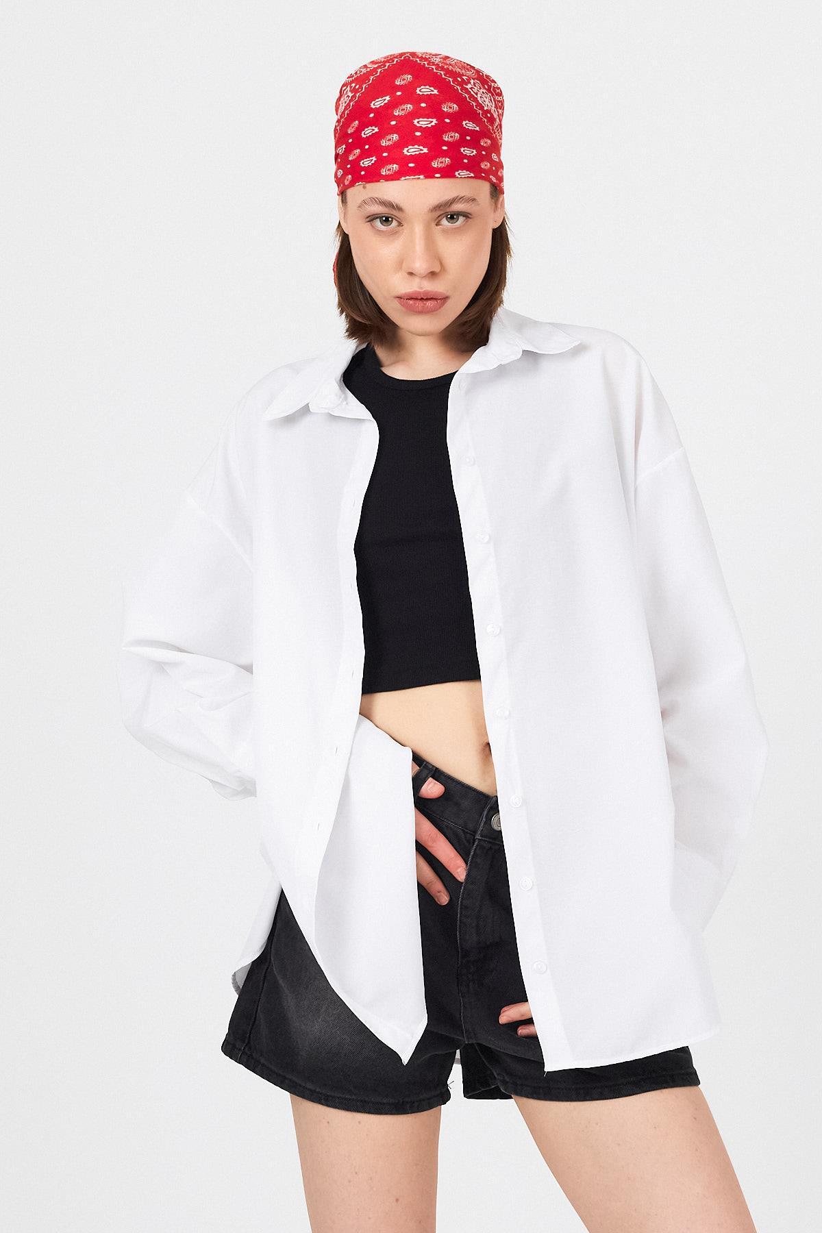 Beyaz Oversize Basic Uzun Gömlek 4664A - 8