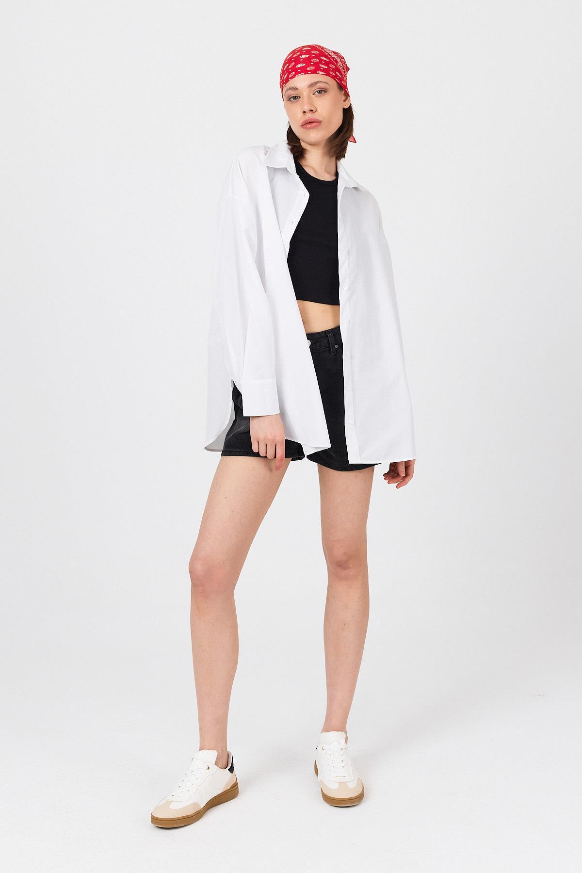 Beyaz Oversize Basic Uzun Gömlek 4664A - RAYS