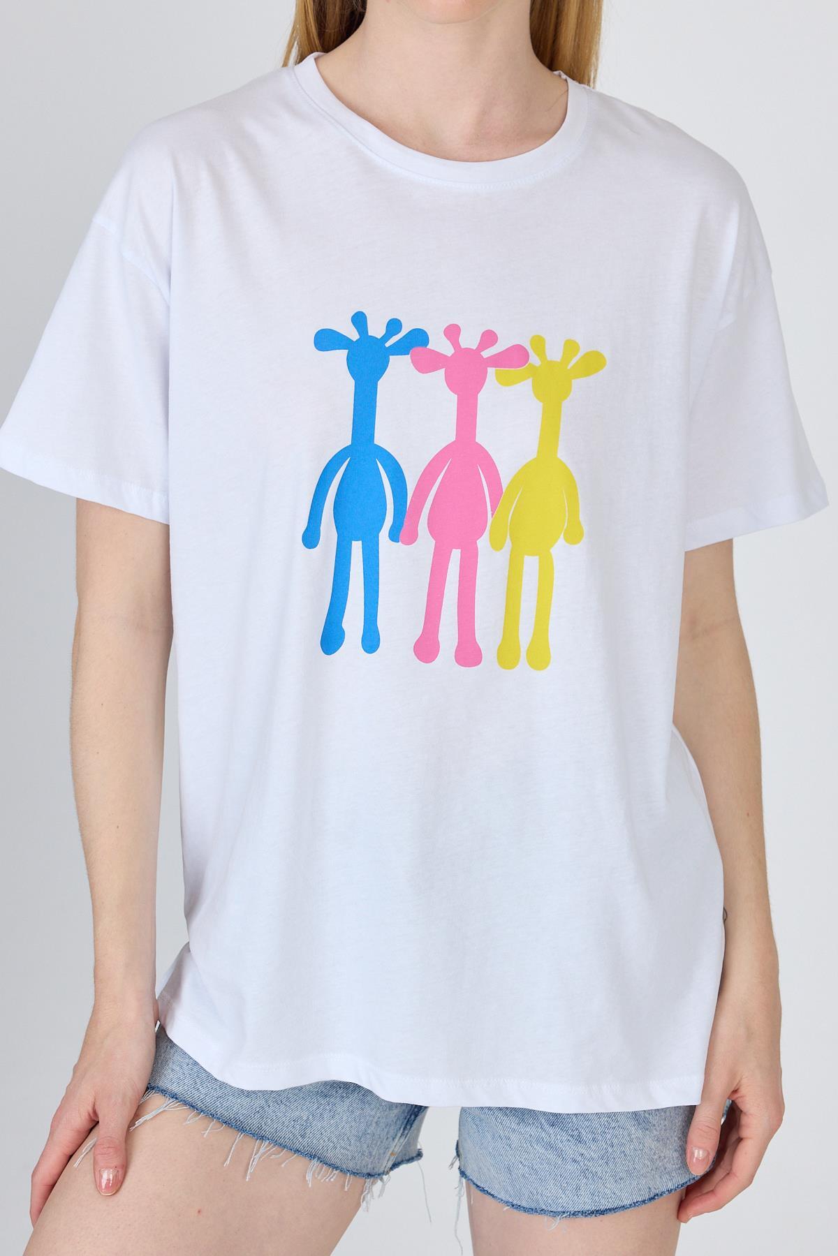 Beyaz Oversize Zürafa Baskılı Tişört 2150-12M - 4