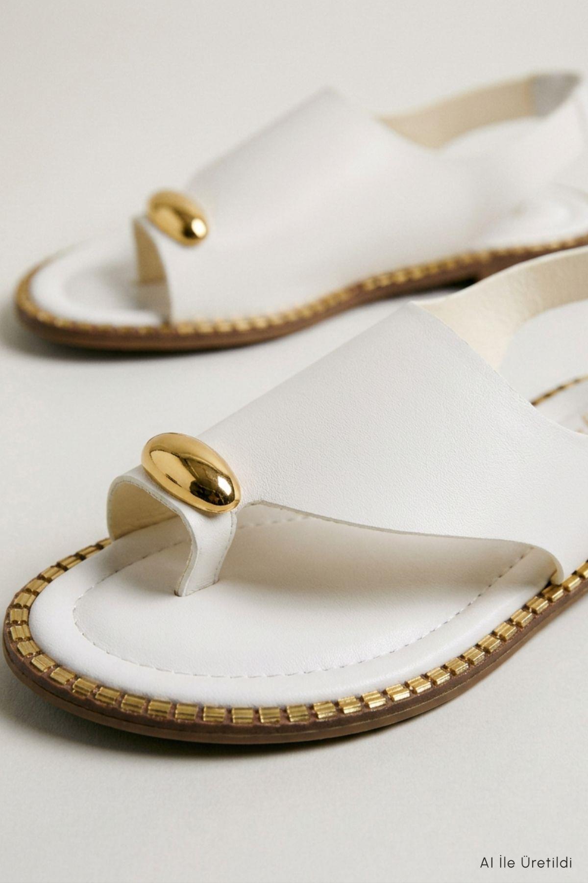 Beyaz Parmak Arası Sandalet Gold Toka Detaylı 100 - RAYS