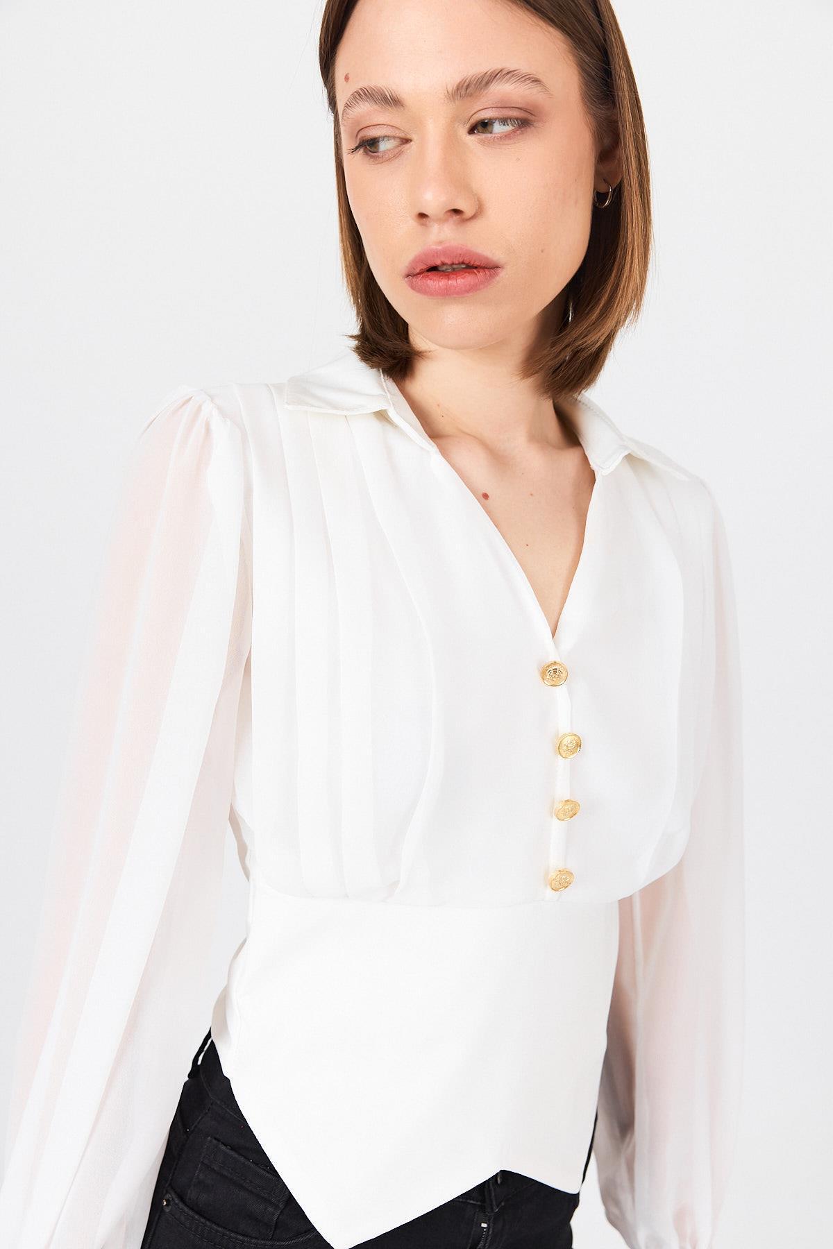 Beyaz Pileli Gömlek Yaka Düğmeli Bluz 9471 - RAYS