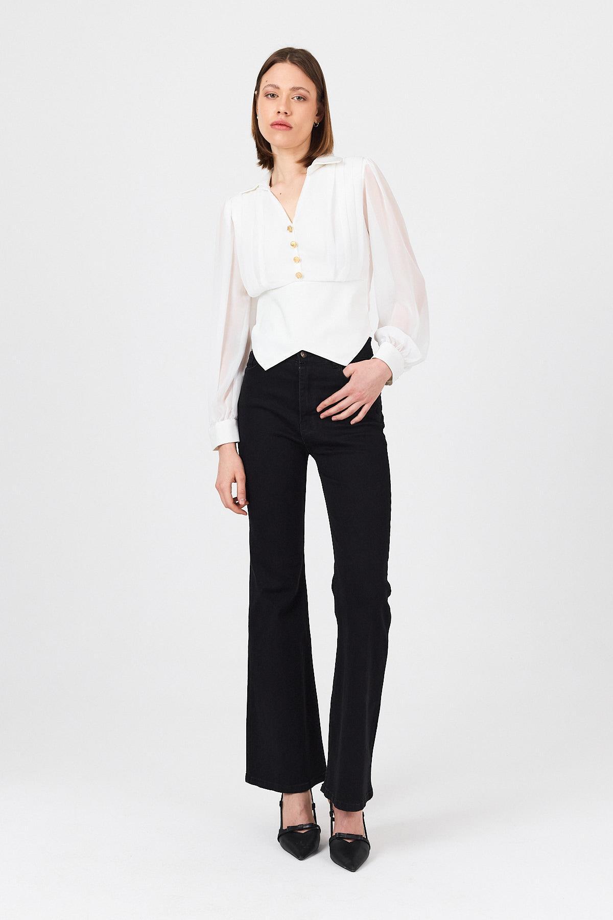 Beyaz Pileli Gömlek Yaka Düğmeli Bluz 9471 - 3