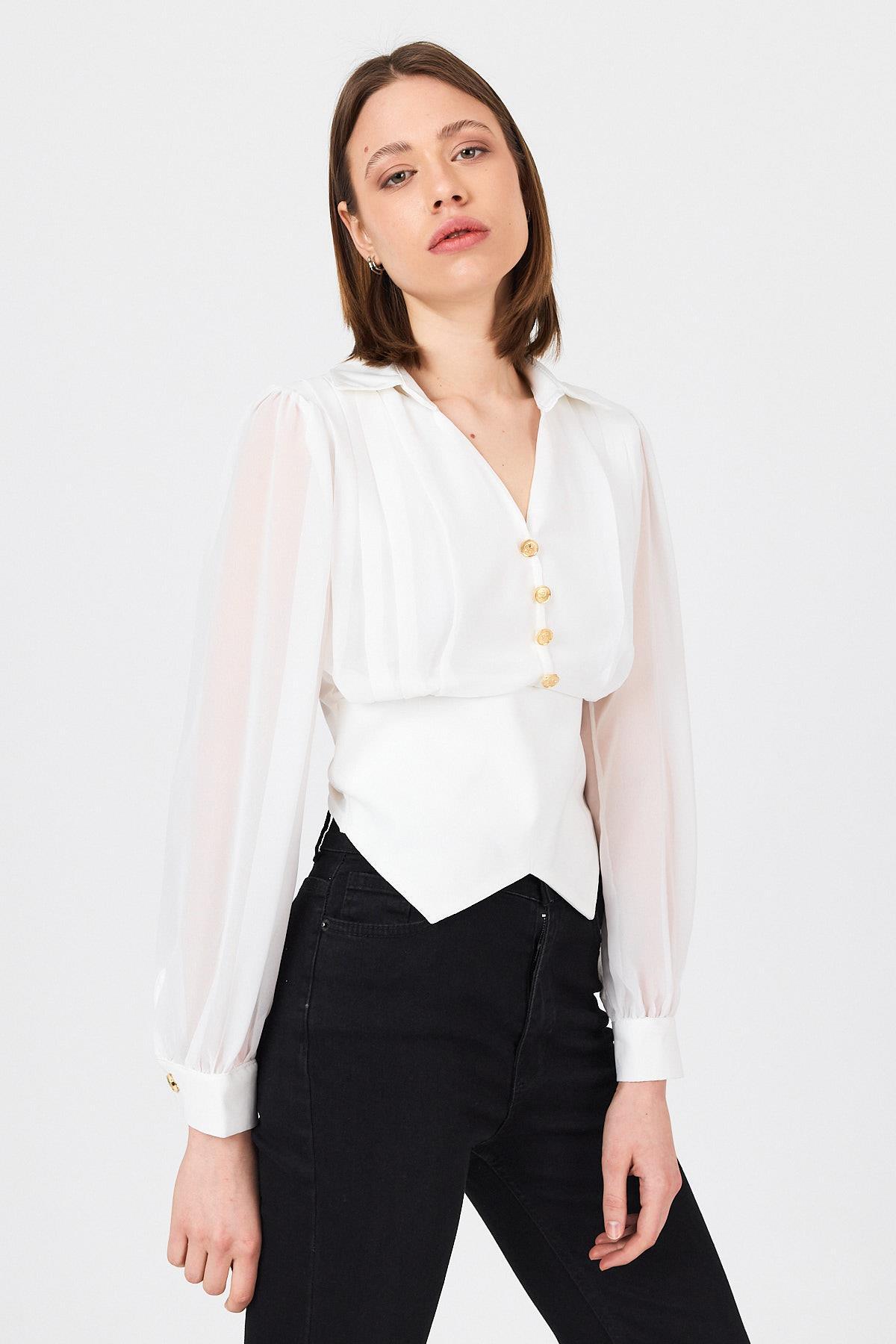 Beyaz Pileli Gömlek Yaka Düğmeli Bluz 9471 - 1