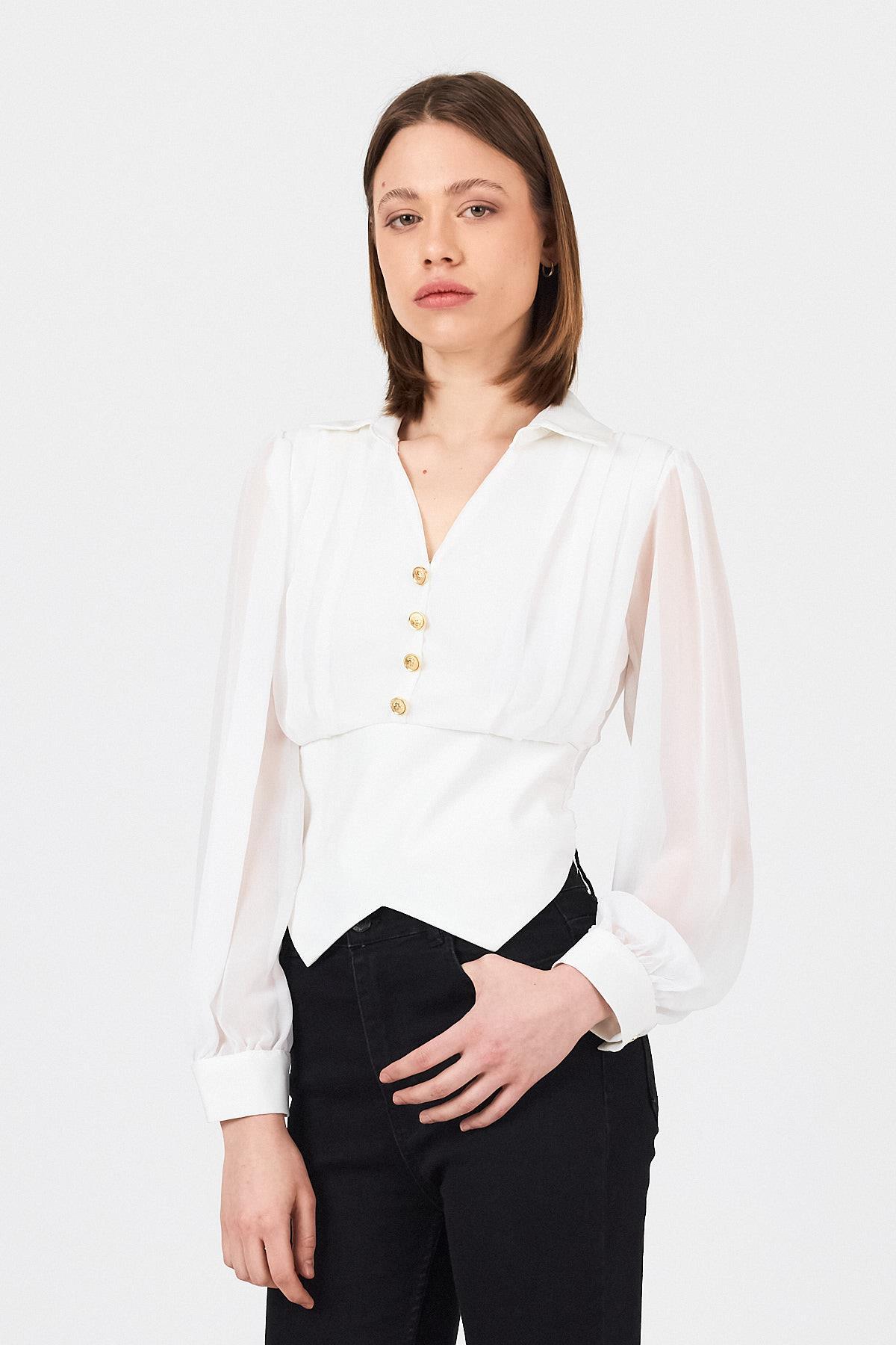 Beyaz Pileli Gömlek Yaka Düğmeli Bluz 9471 - 2