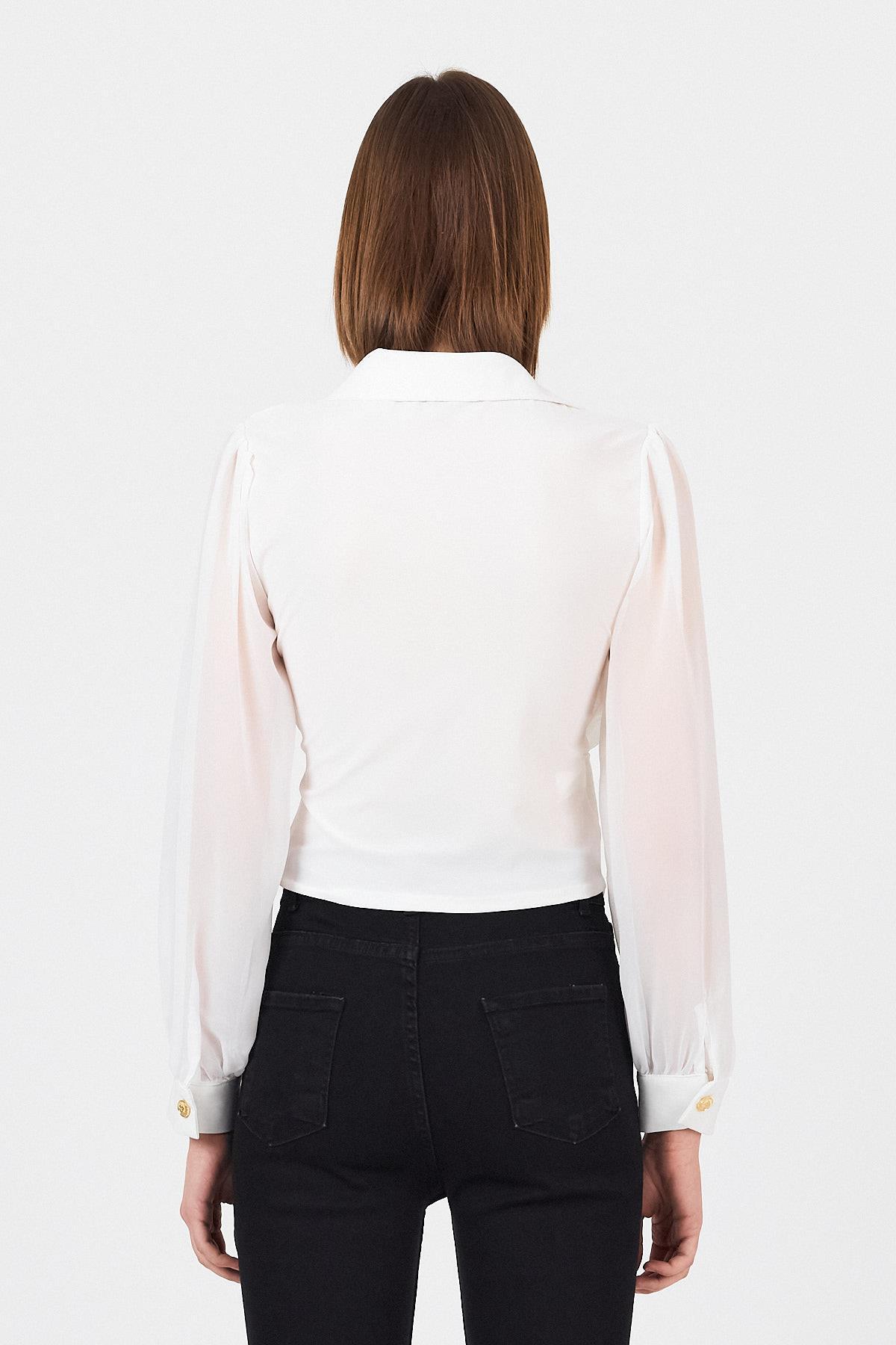 Beyaz Pileli Gömlek Yaka Düğmeli Bluz 9471 - 5