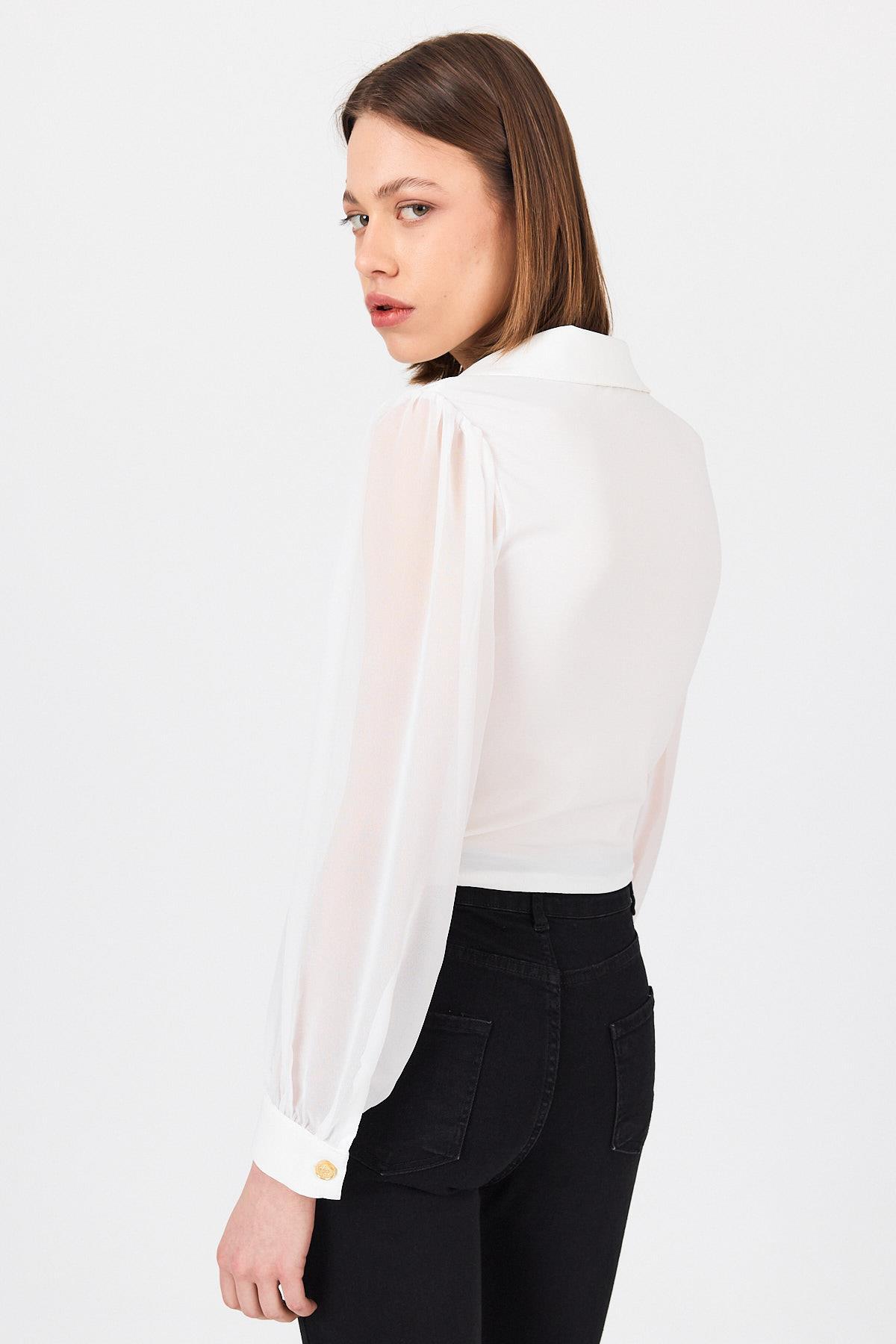 Beyaz Pileli Gömlek Yaka Düğmeli Bluz 9471 - 6