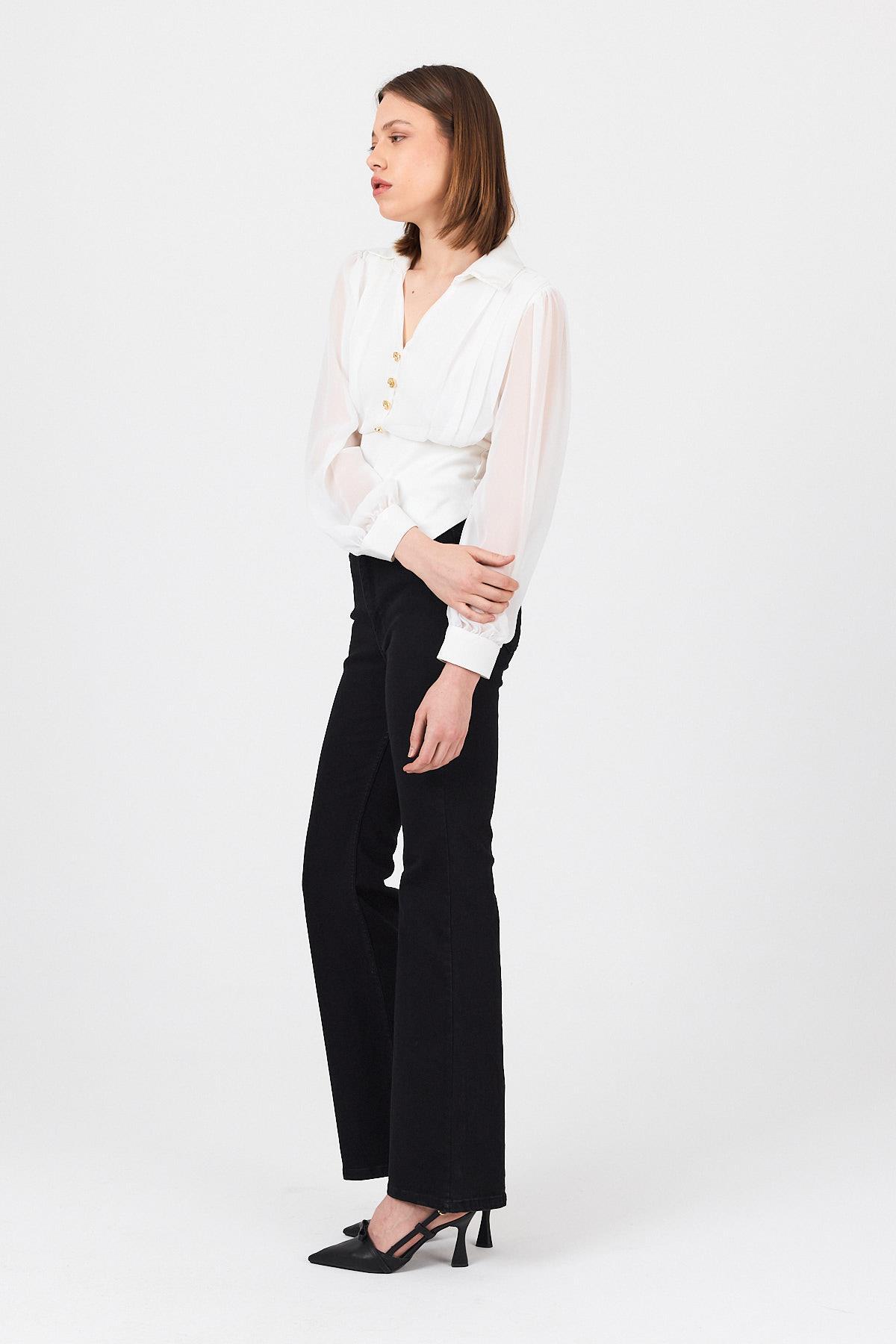 Beyaz Pileli Gömlek Yaka Düğmeli Bluz 9471 - 7