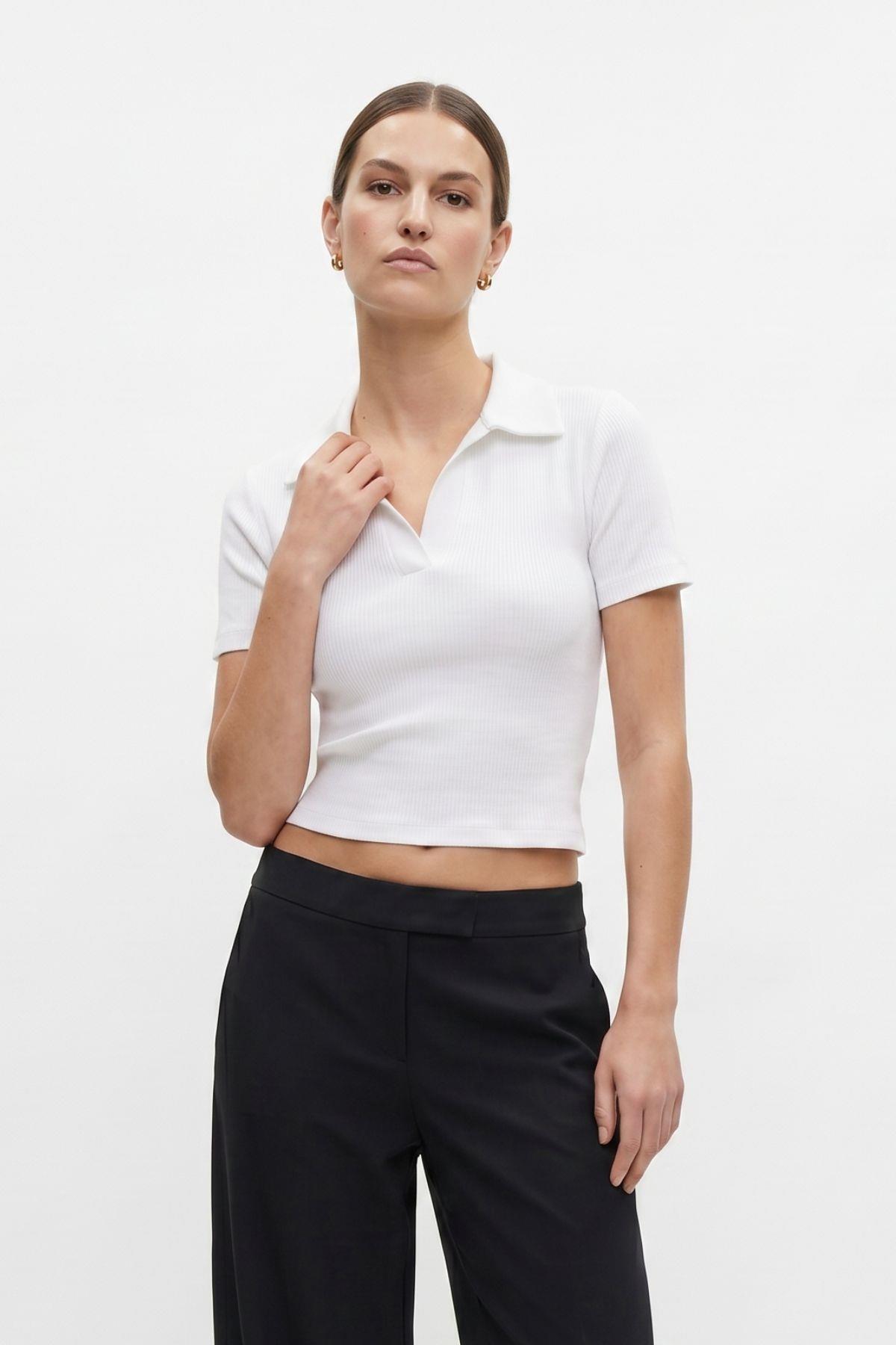 Polo Yaka Kısa Kol Crop Tişört 1024 Beyaz - RAYS