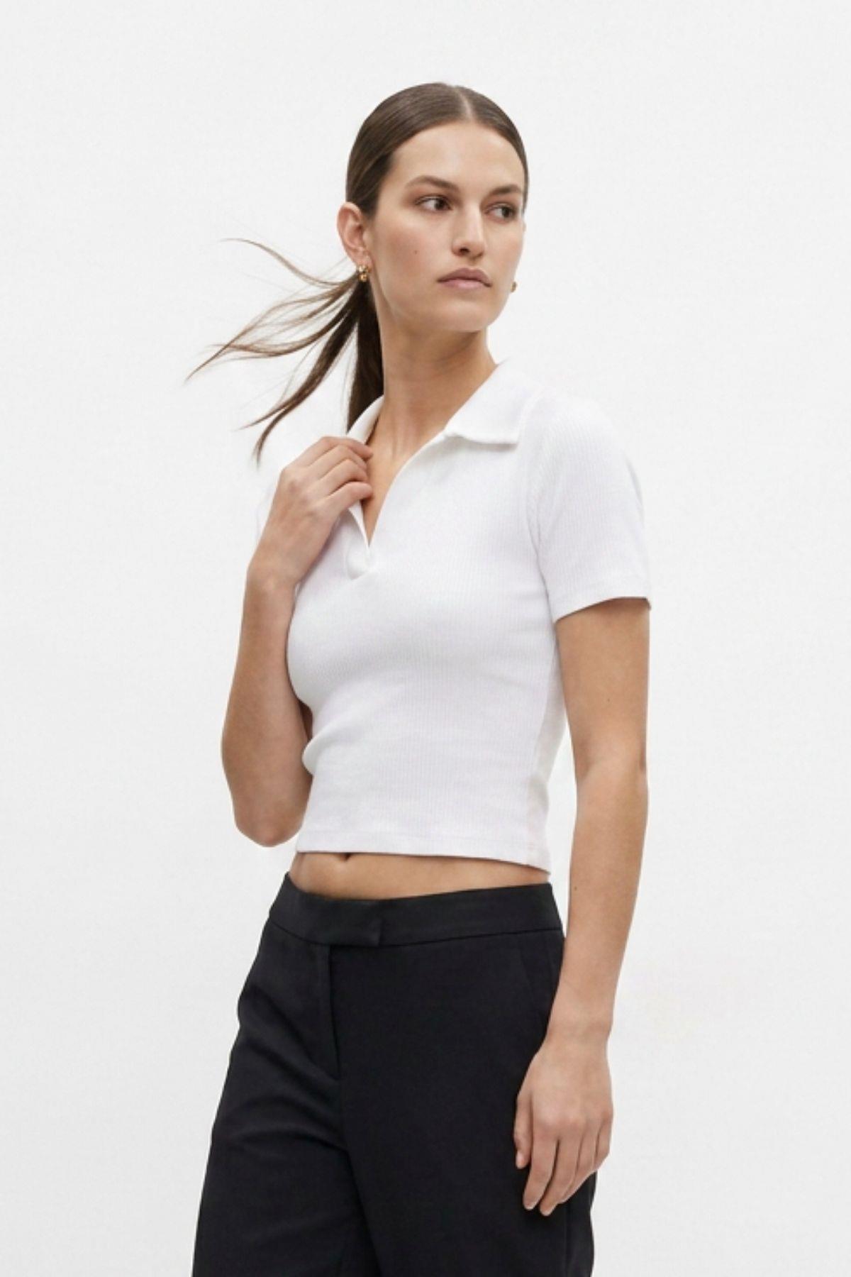 Polo Yaka Kısa Kol Crop Tişört 1024 Beyaz - RAYS