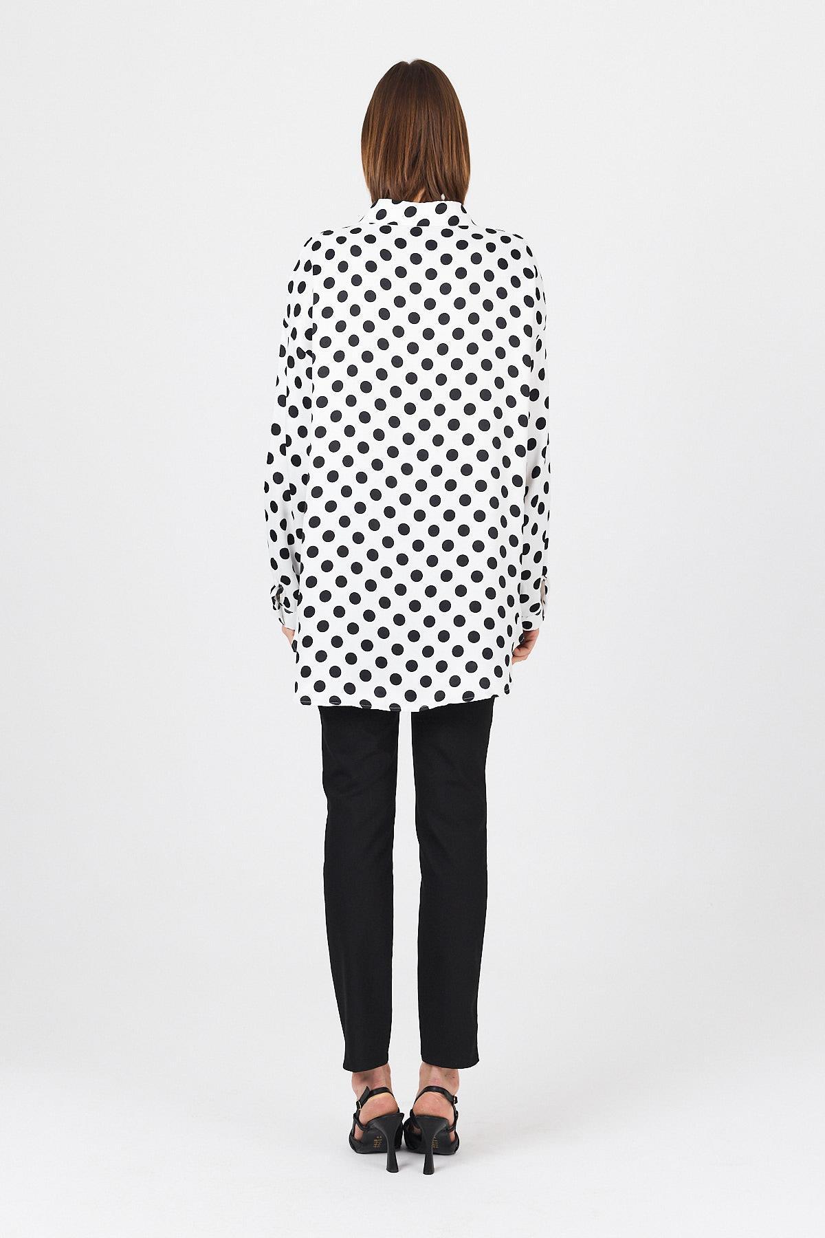 Beyaz Puantiye Desen Oversize Saten Gömlek 9411 - 6