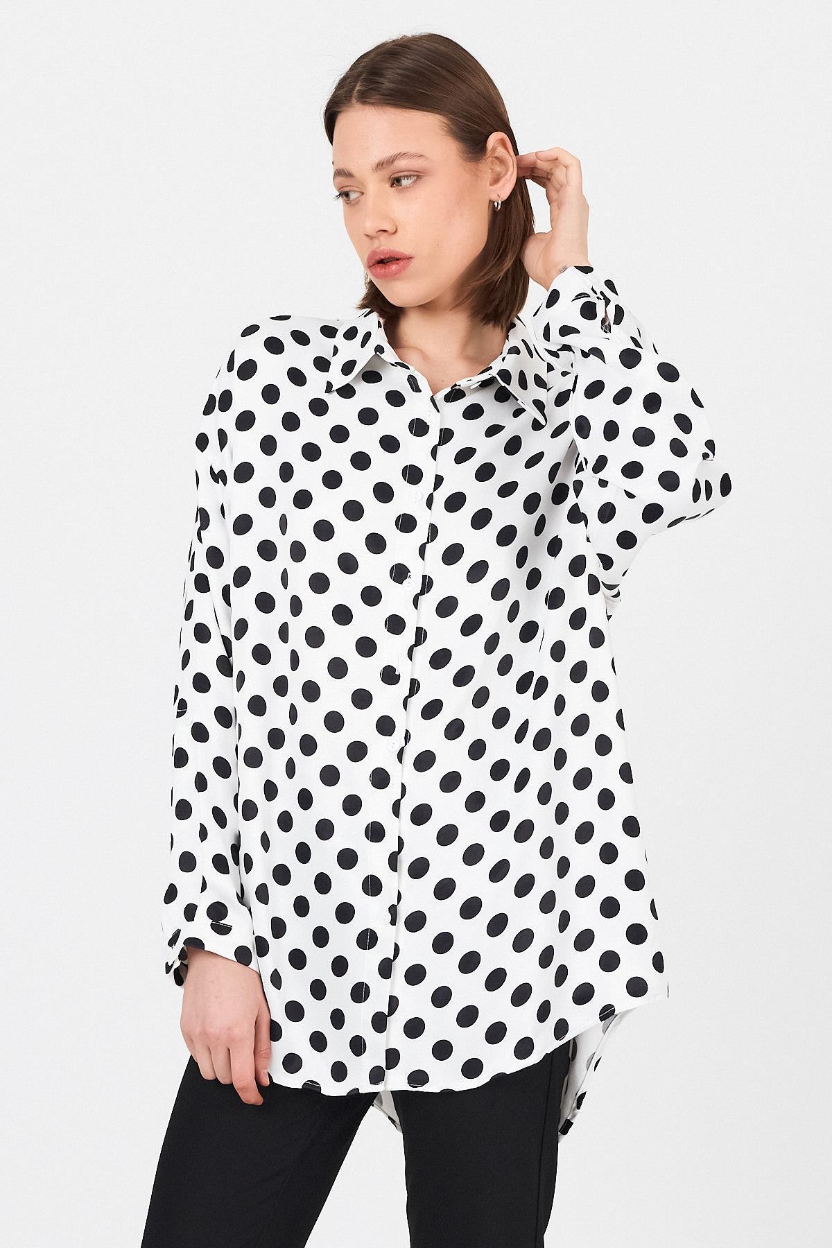 Beyaz Puantiye Desen Oversize Saten Gömlek 9411 - 3