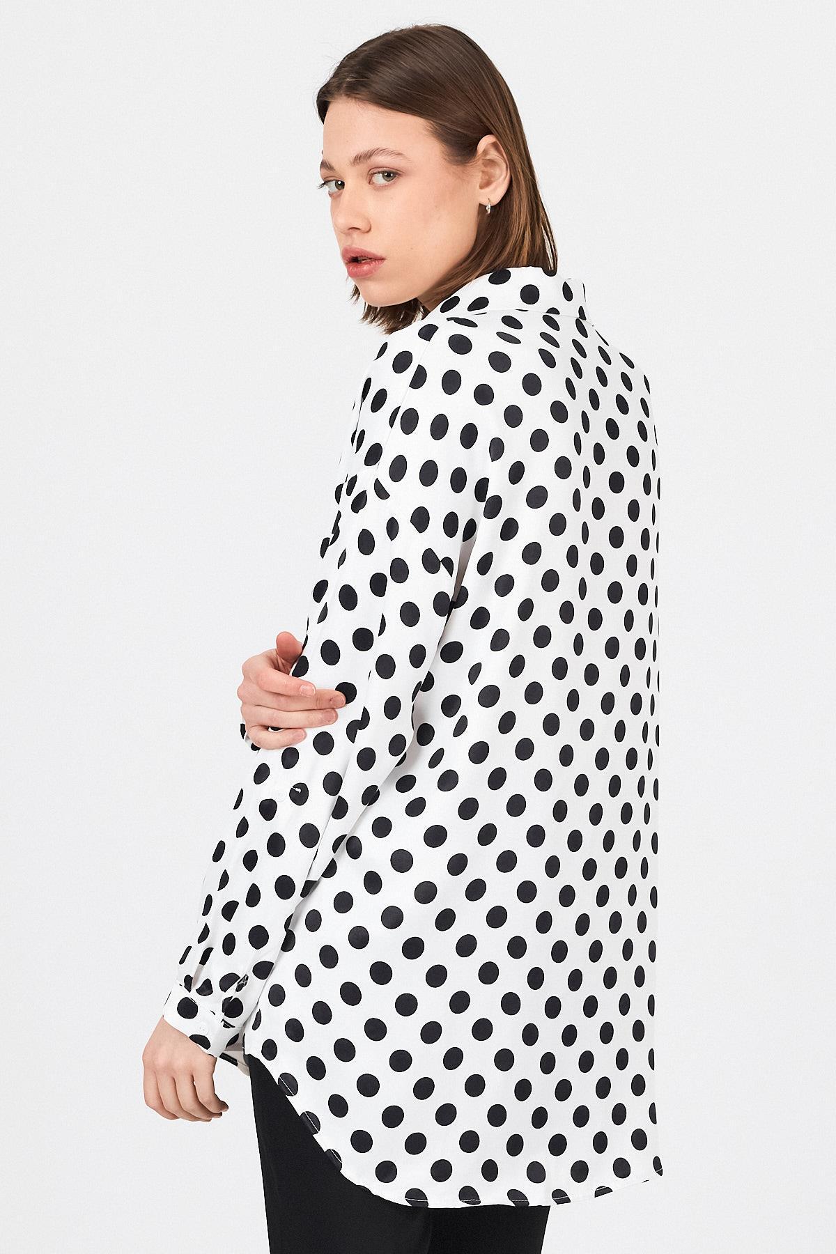 Beyaz Puantiye Desen Oversize Saten Gömlek 9411 - 5