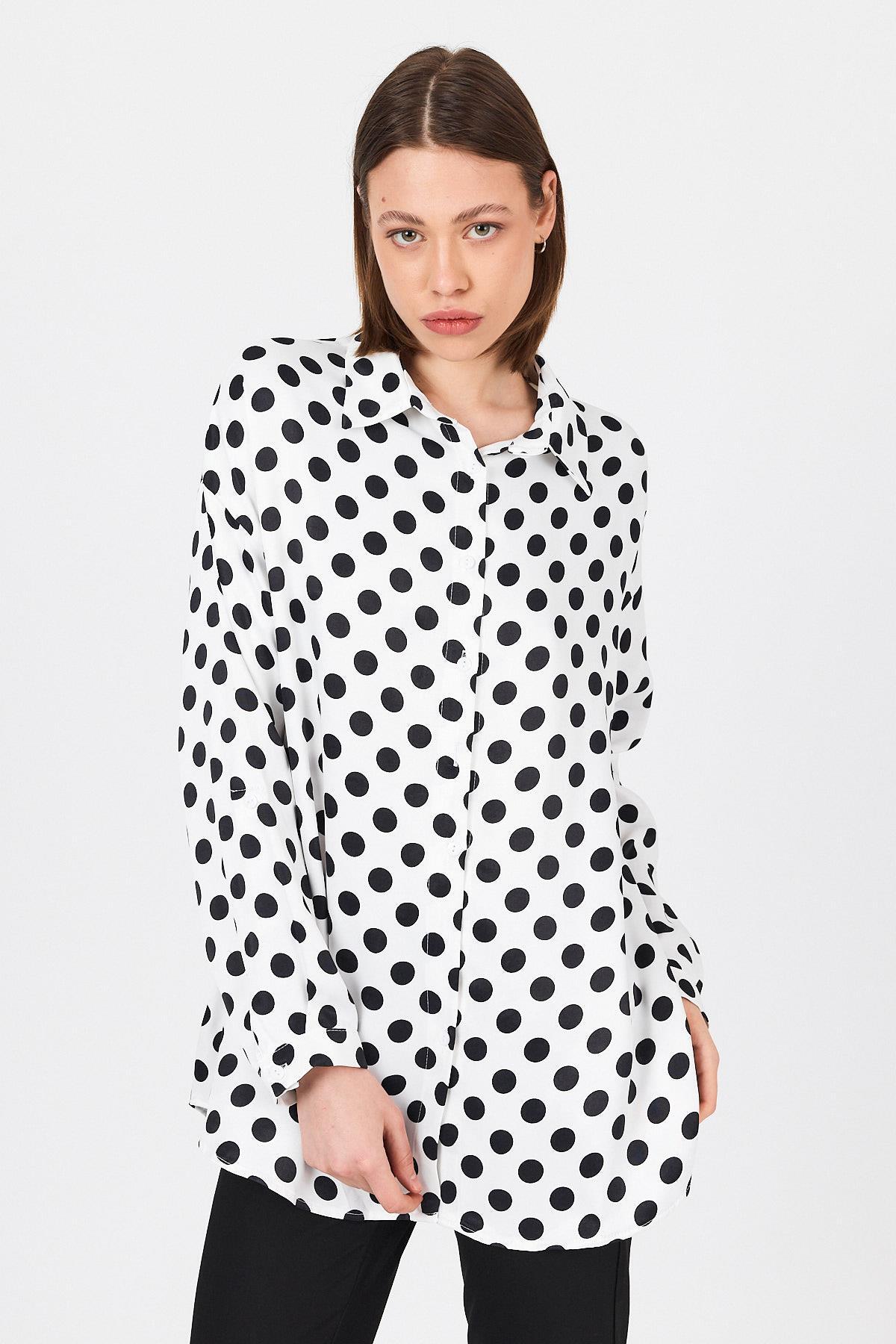 Beyaz Puantiye Desen Oversize Saten Gömlek 9411 - 7