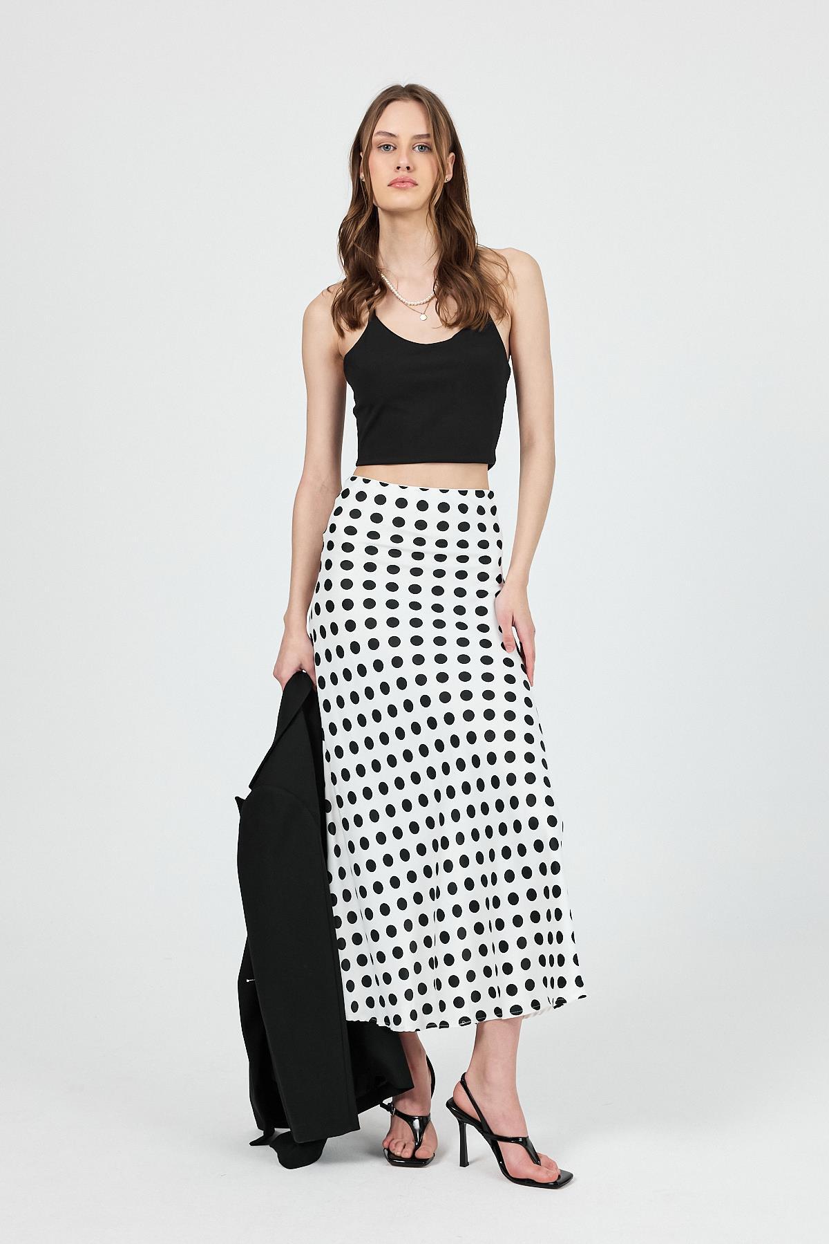 Beyaz Puantiye Desen Saten Midi Etek 9416 - RAYS