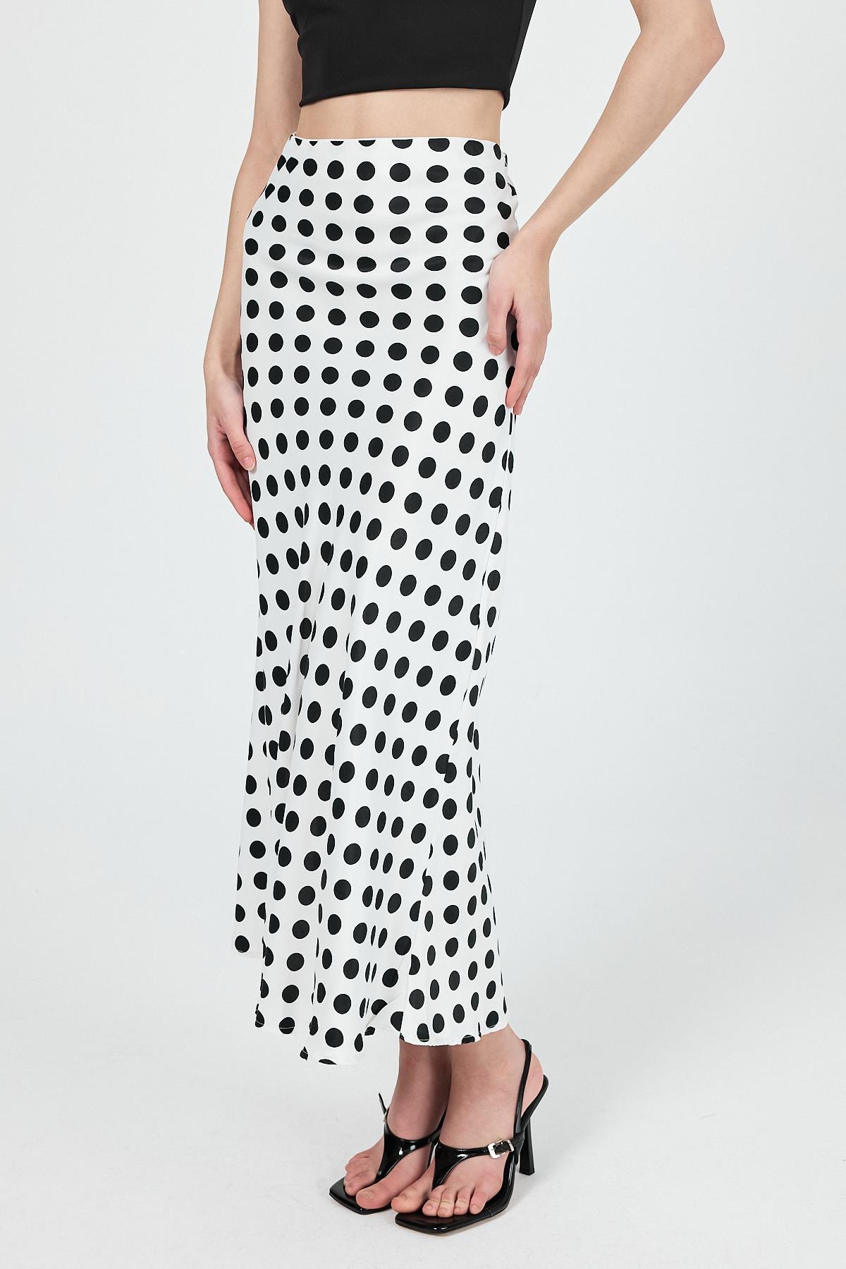 Beyaz Puantiye Desen Saten Midi Etek 9416 - 6