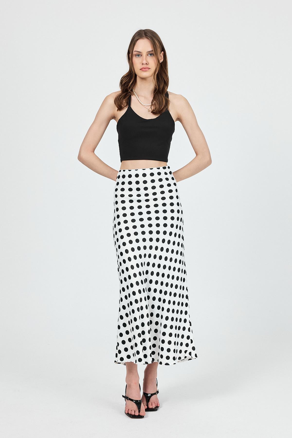 Beyaz Puantiye Desen Saten Midi Etek 9416 - 7