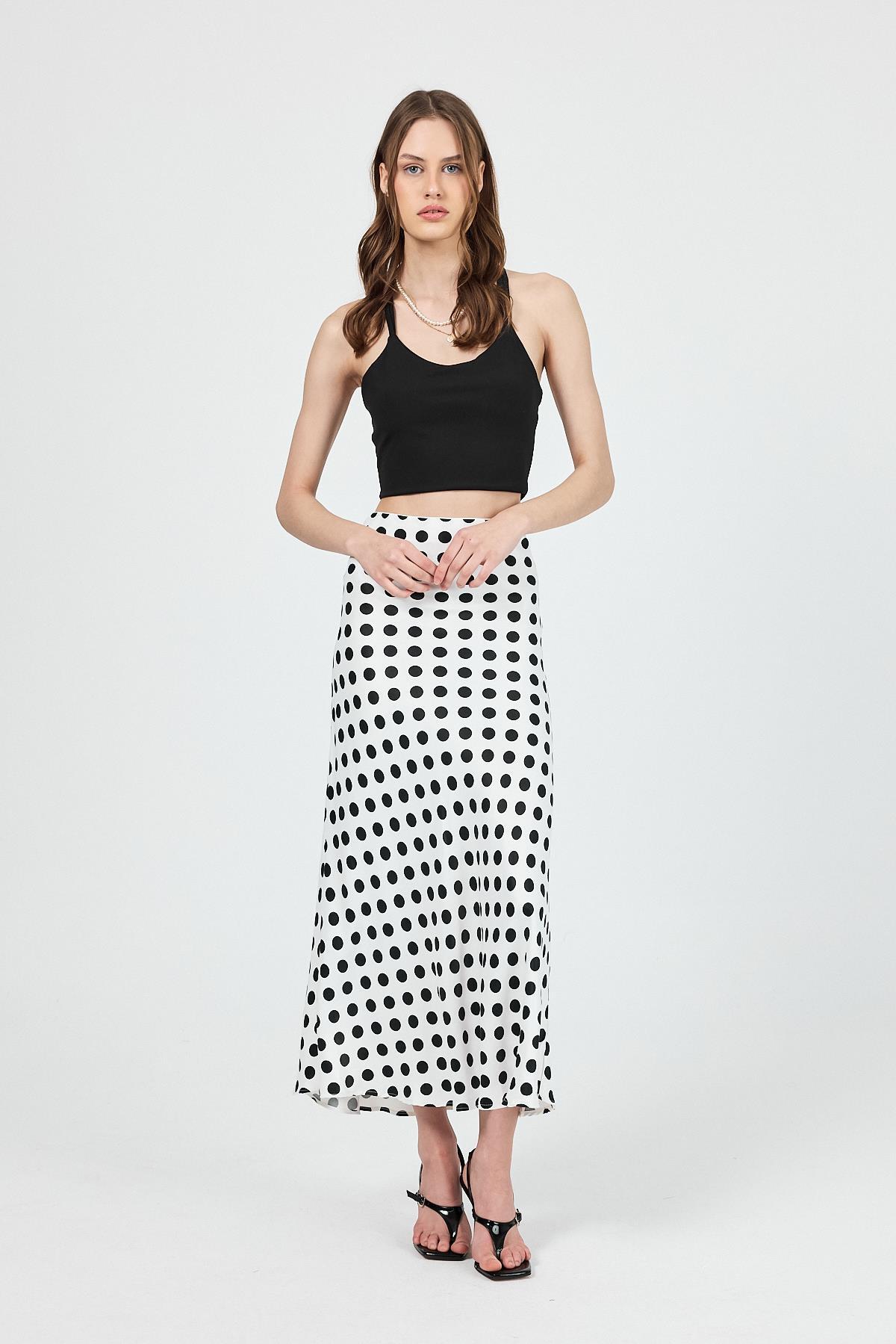 Beyaz Puantiye Desen Saten Midi Etek 9416 - 8