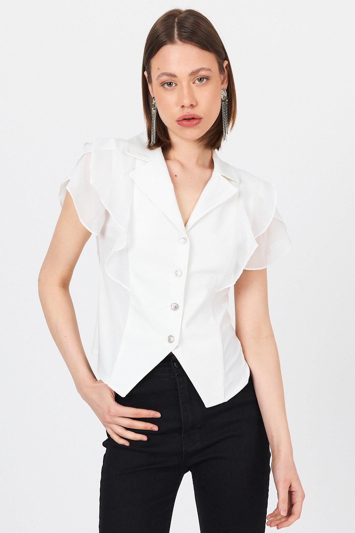 Beyaz Şifon Kol Detaylı Fırfırlı Düğmeli Bluz 9477 - RAYS